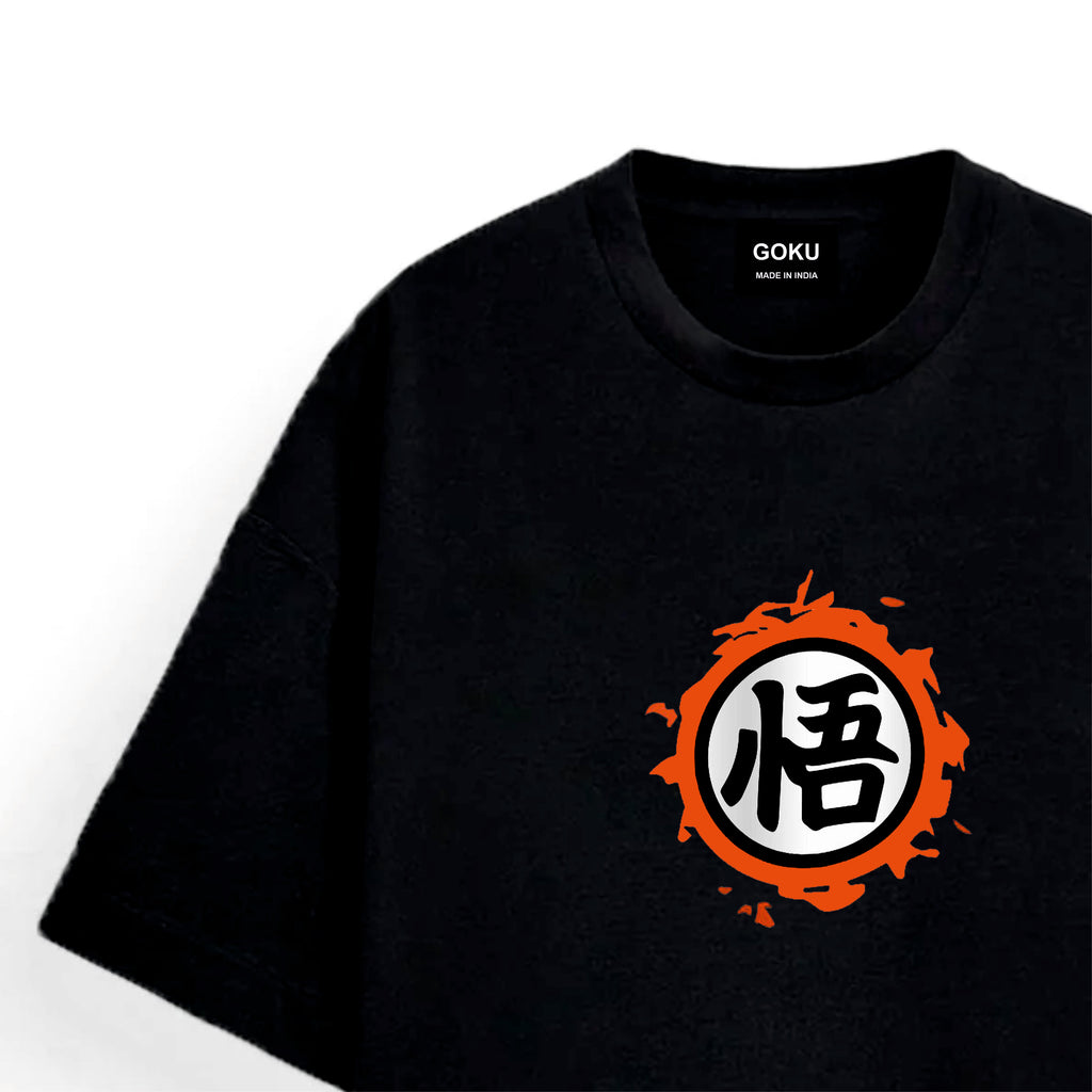 Black t-shirt with a red and white symbol