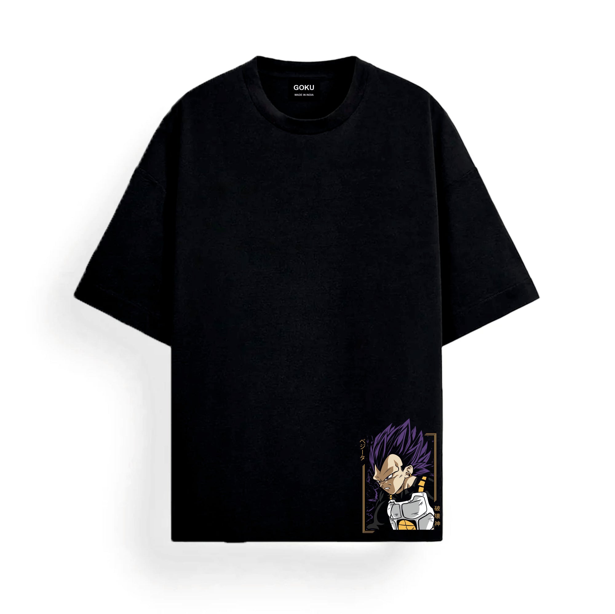 Black t-shirt with a small graphic on the chest