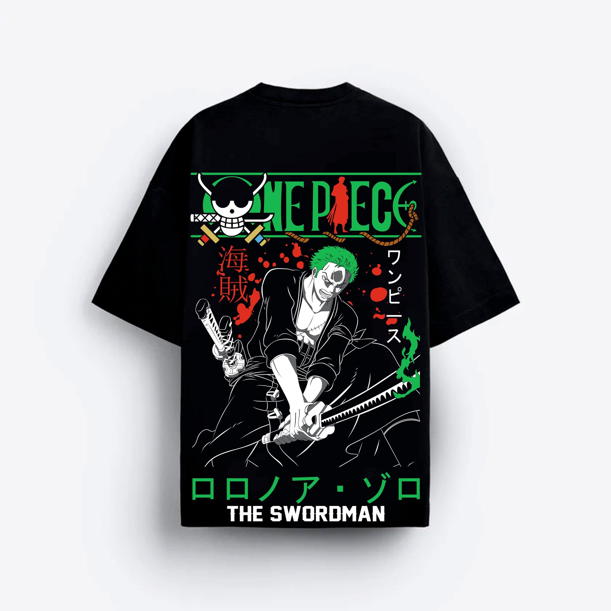 Black t-shirt with 'One Piece' character design