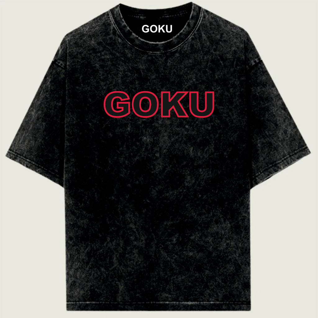 Black t-shirt with 'GOKU' printed in red on a beige background