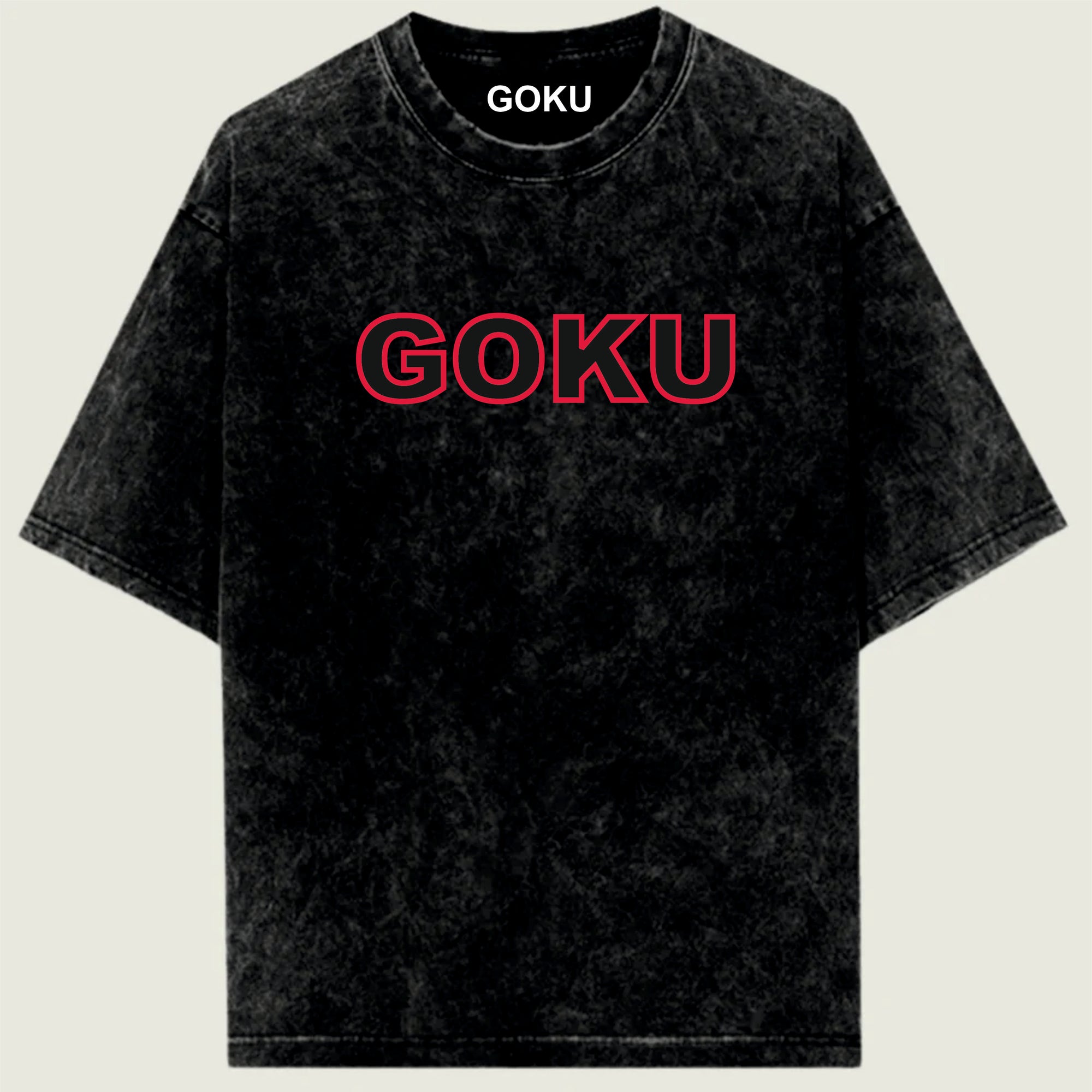 Black t-shirt with 'GOKU' printed in red on a beige background