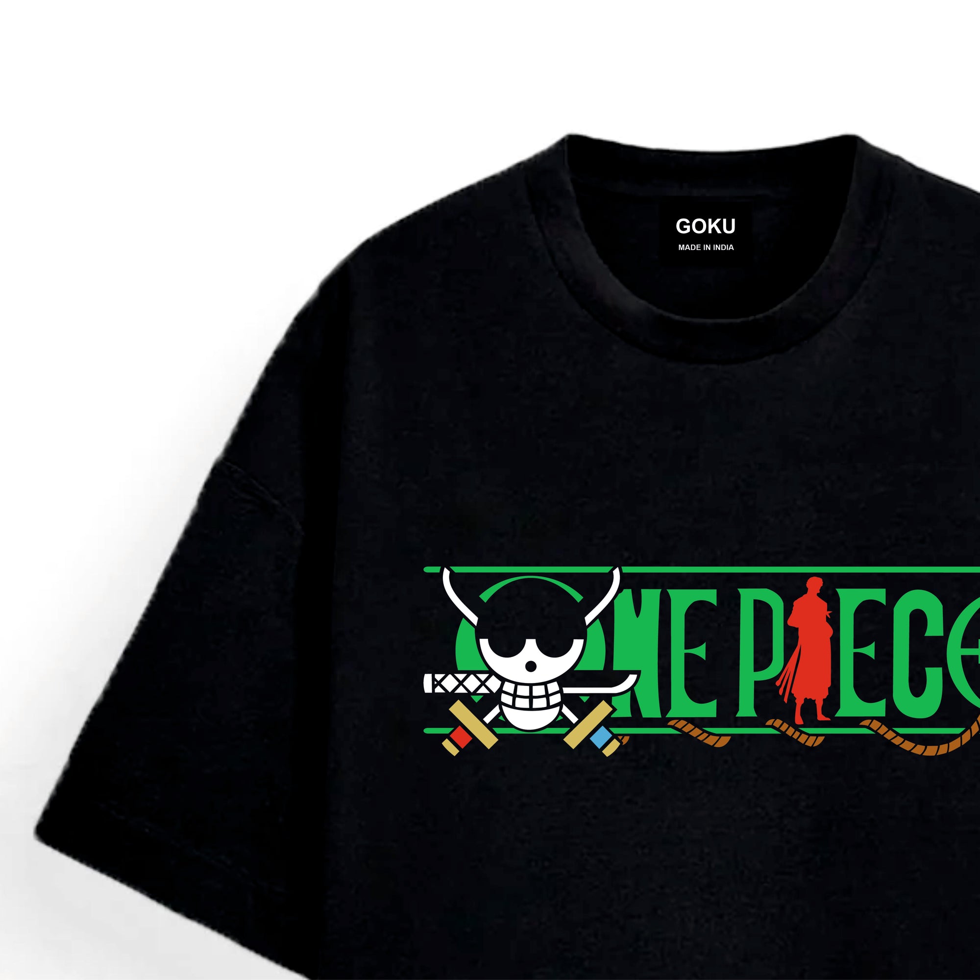 Black t-shirt with 'One Piece' logo and character design