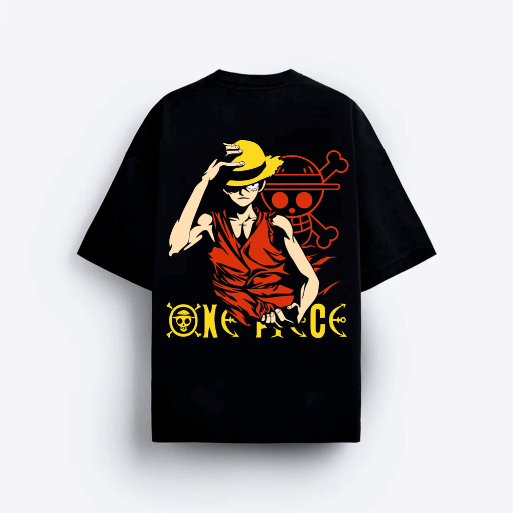 Black t-shirt with a graphic design of a character from 'One Piece' 