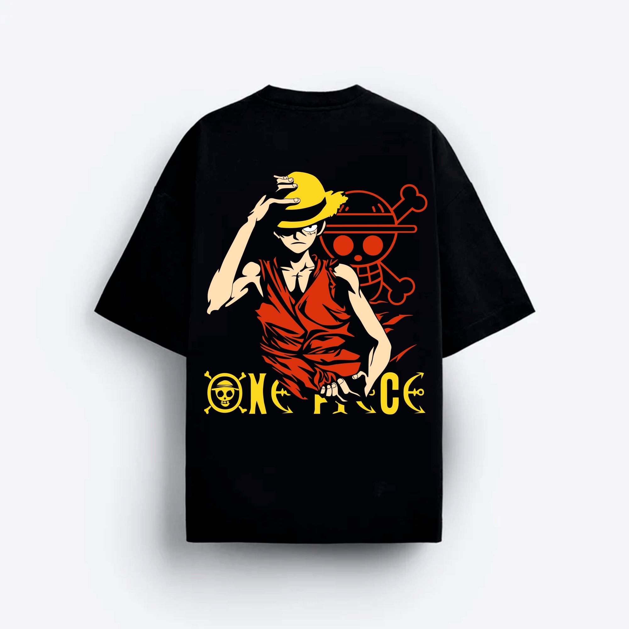 Black t-shirt with a graphic design of a character from 'One Piece' 