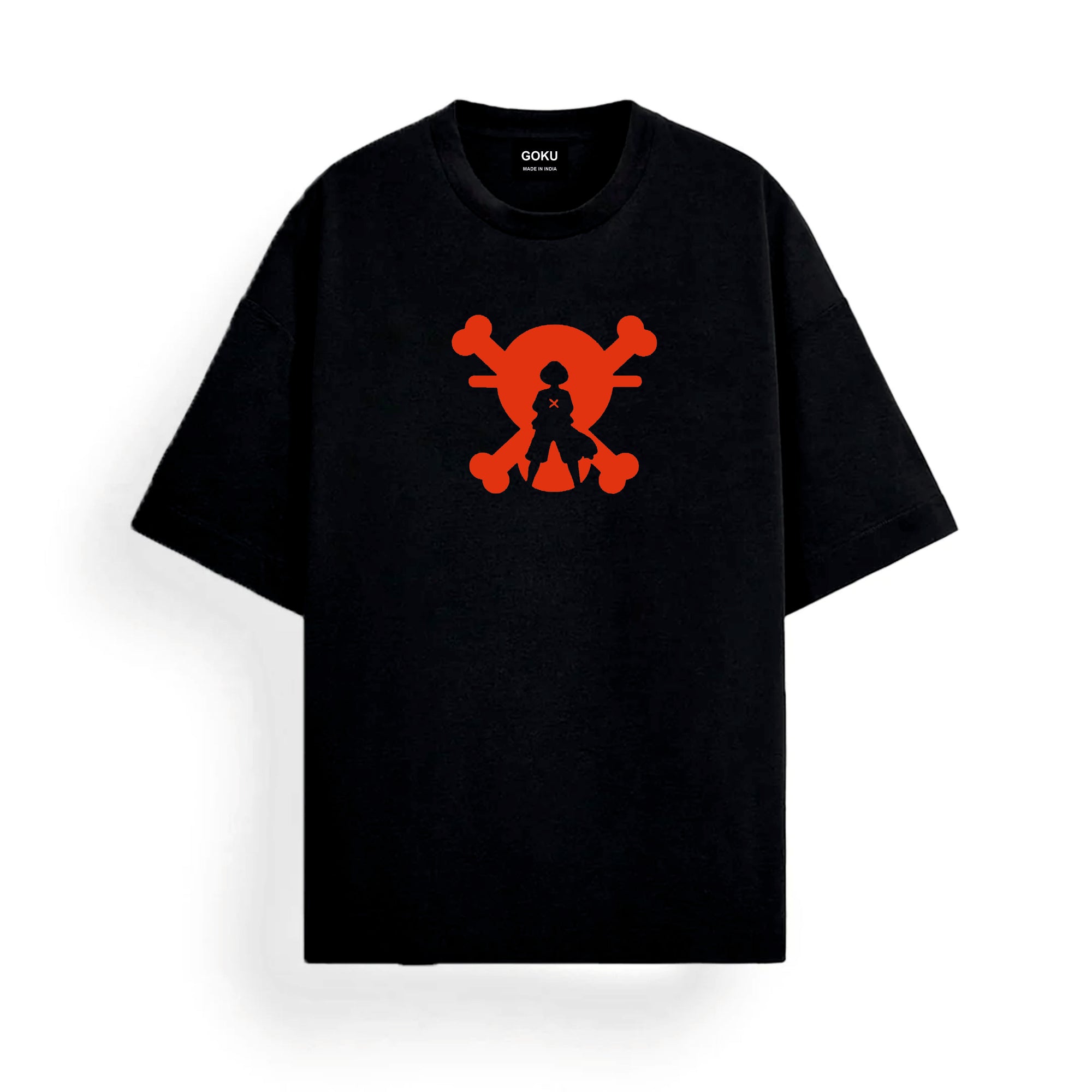 Black t-shirt with a red skull and crossbones design featuring a character