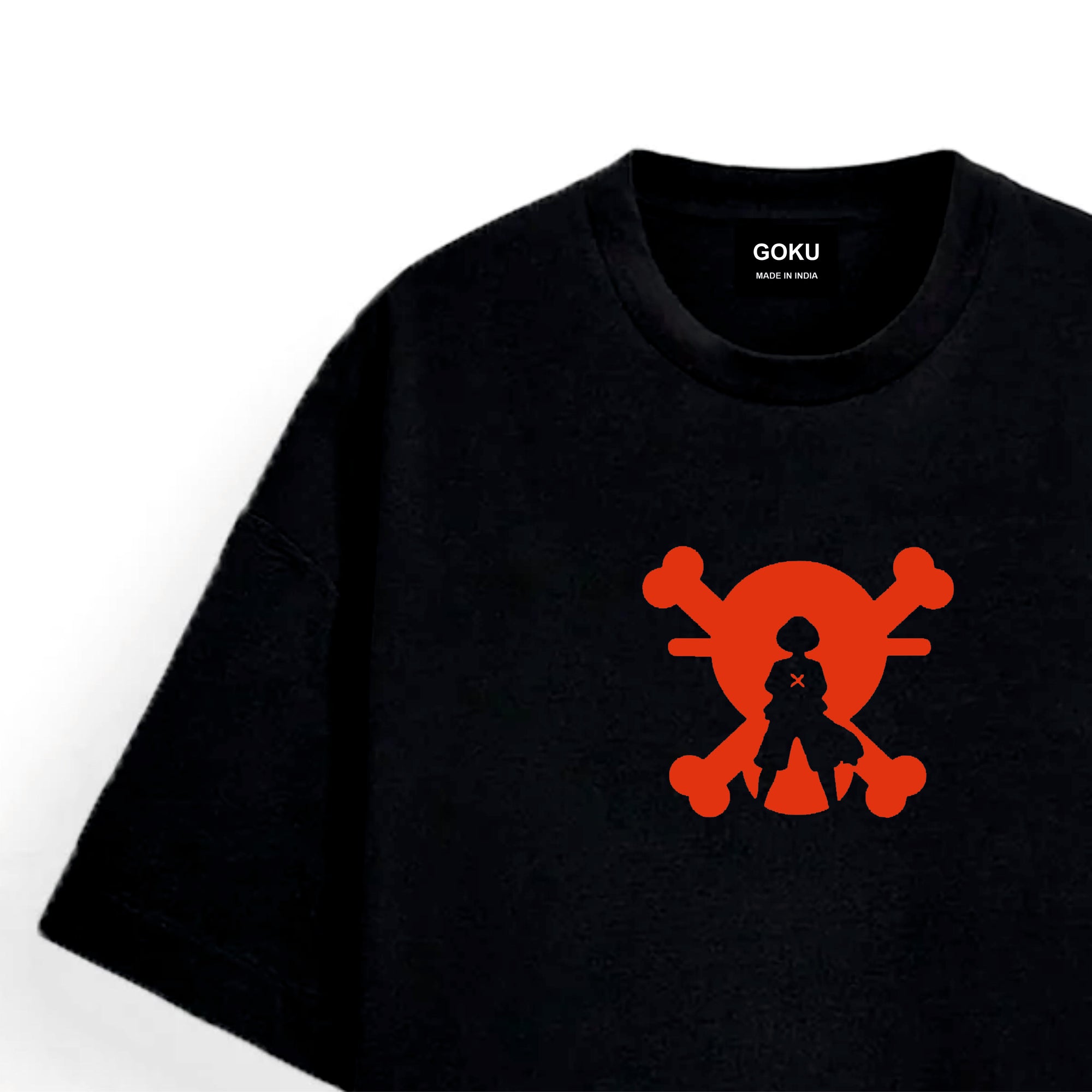 Black t-shirt with red skull and crossbones design featuring a character