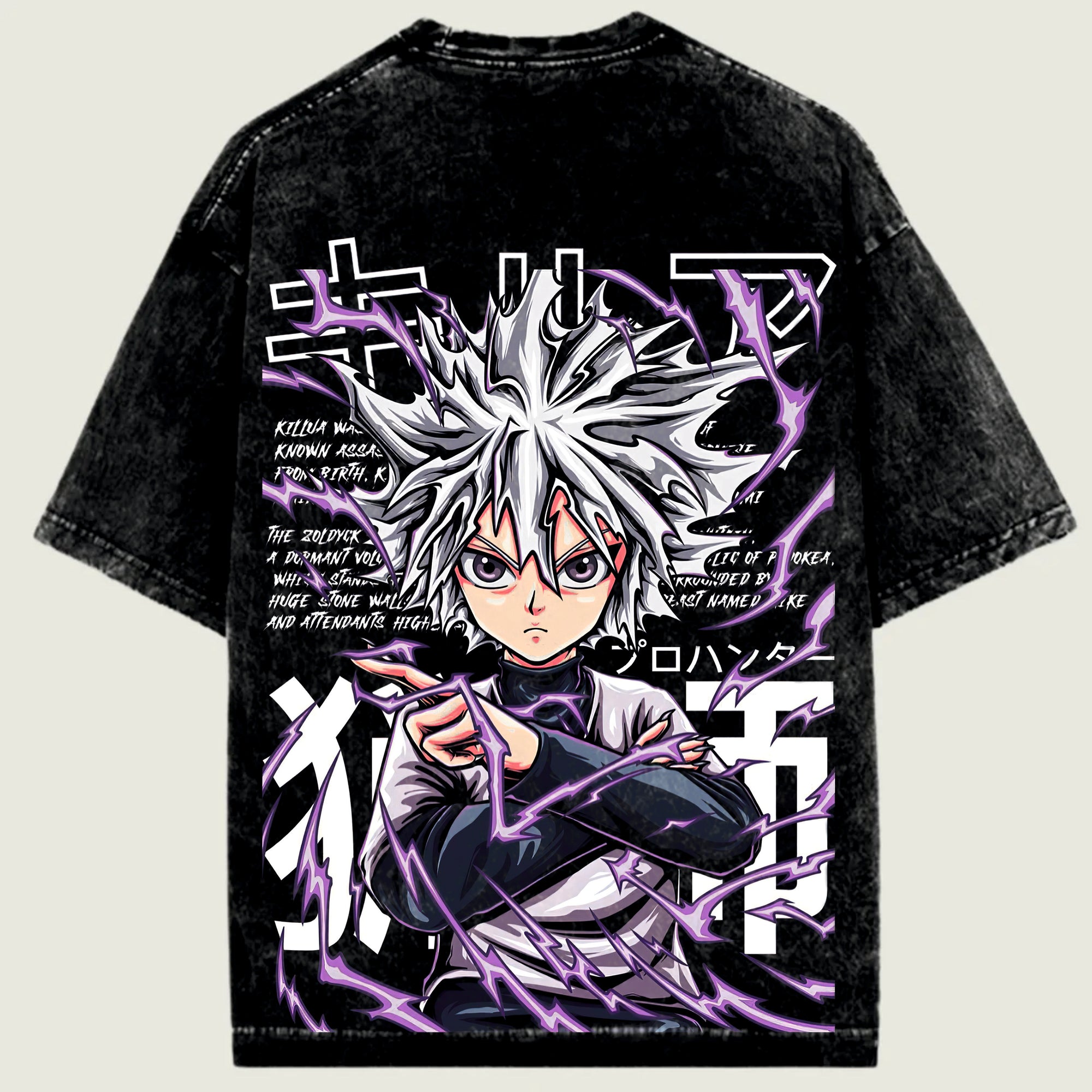 Black t-shirt with an anime character and purple energy design