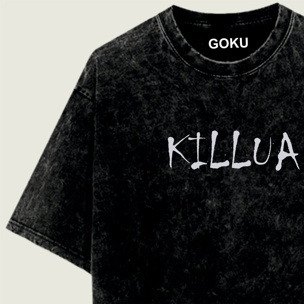 Black t-shirt with 'KILLUA' and 'GOKU' text