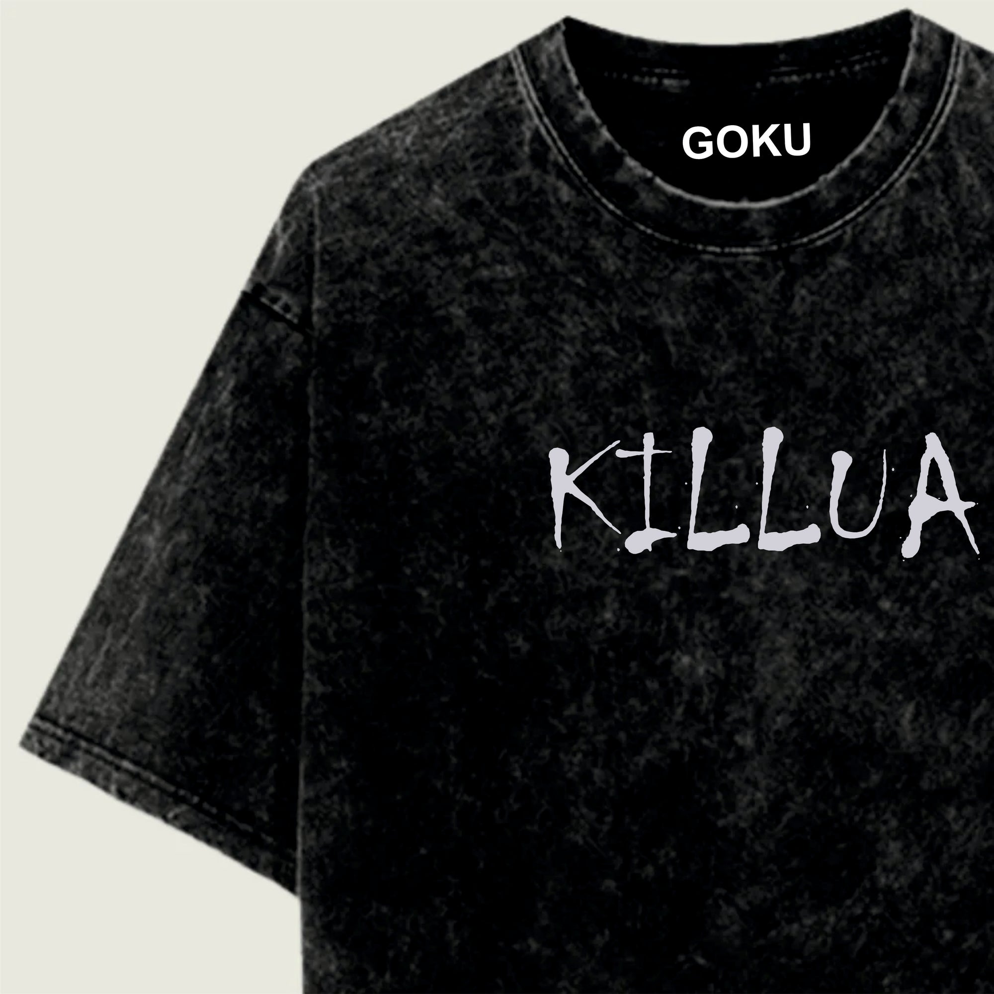 Black t-shirt with 'KILLUA' and 'GOKU' text