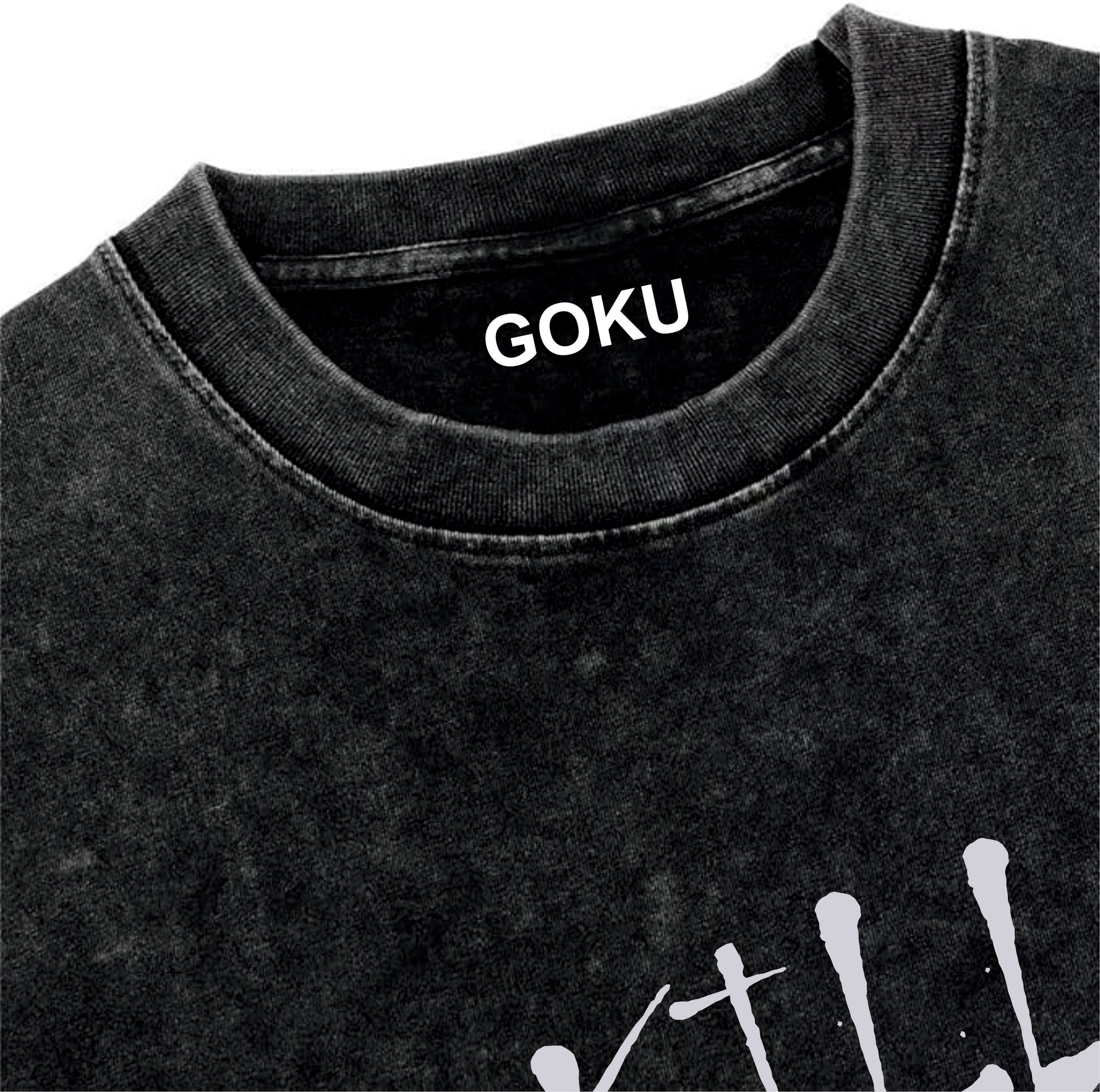 Black t-shirt with 'GOKU' printed on the collar