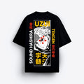 Black t-shirt with graphic design and text