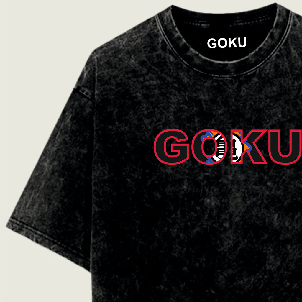 Black t-shirt with 'GOKU' printed on it against a beige background