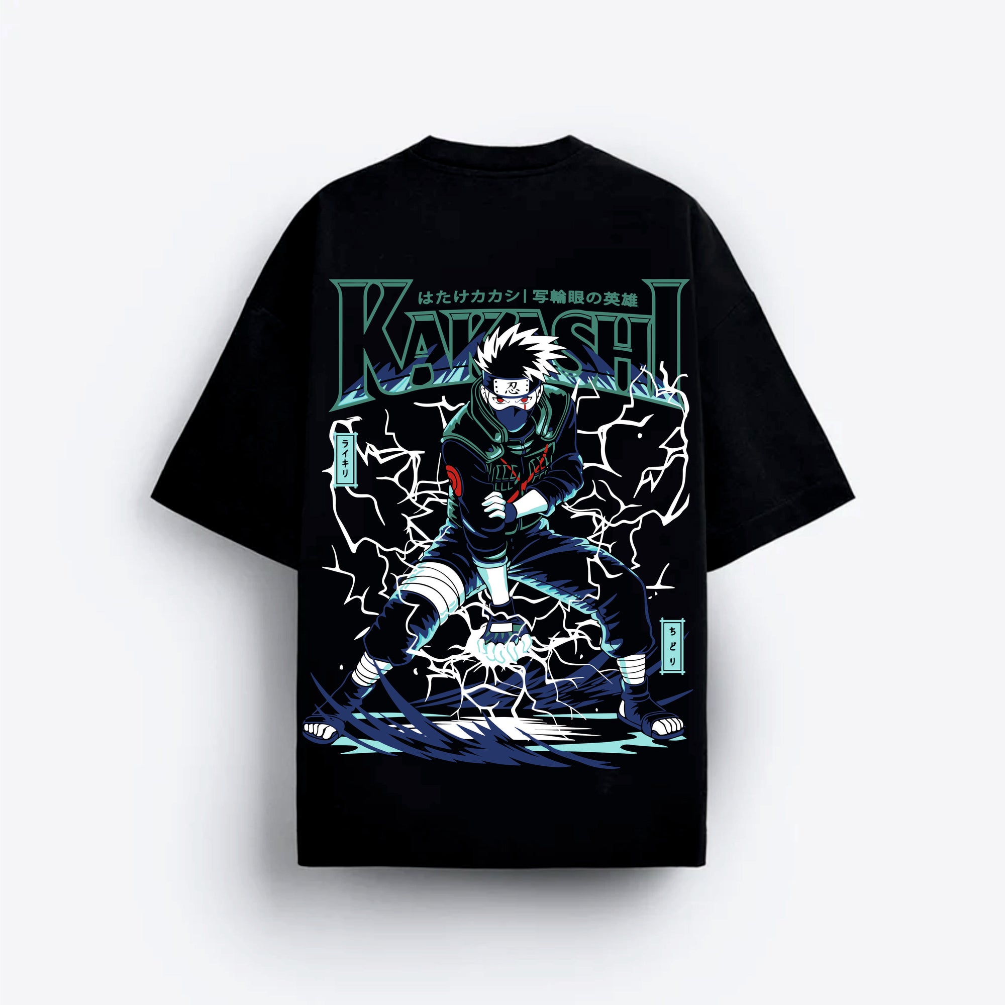 Black t-shirt with a graphic design of a character and text
