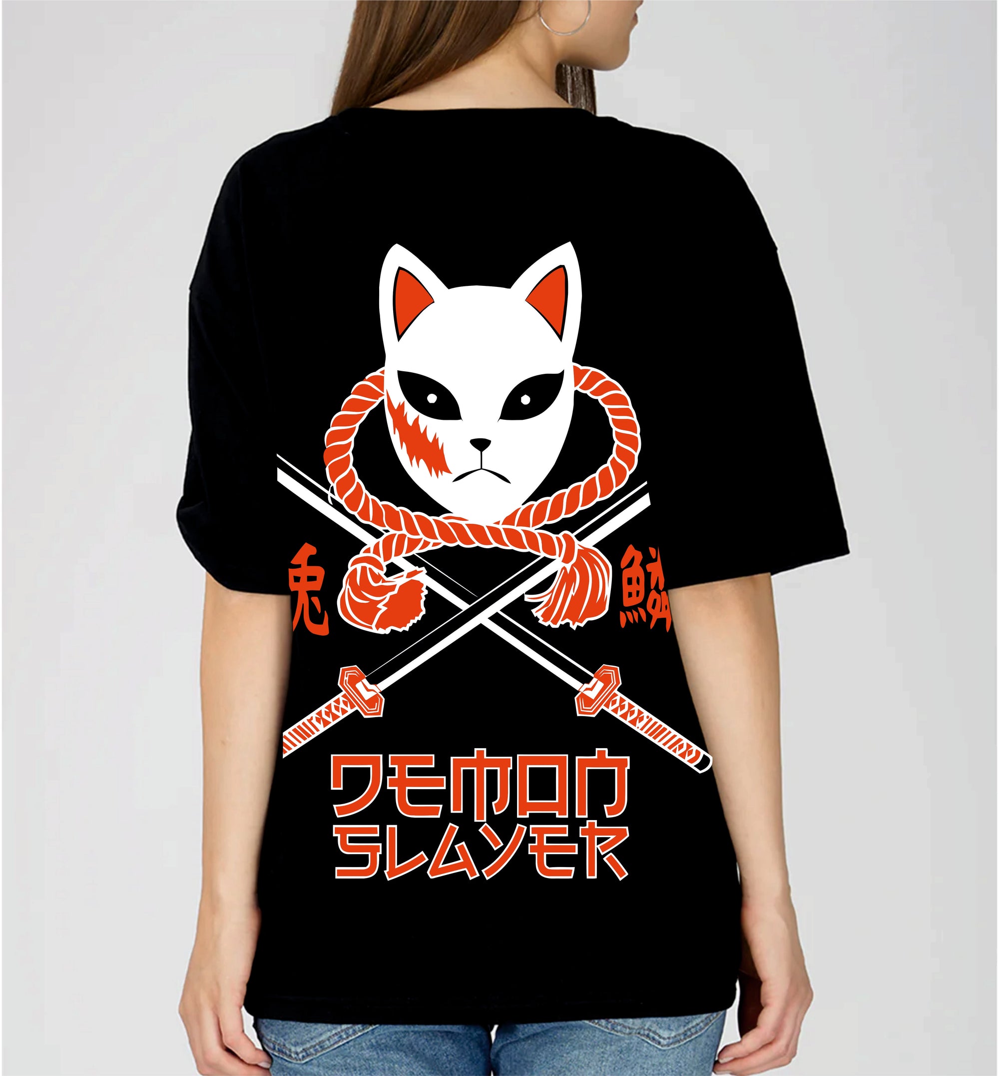 Black t-shirt with a white cat design and red text
