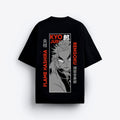 Black t-shirt with graphic design and text