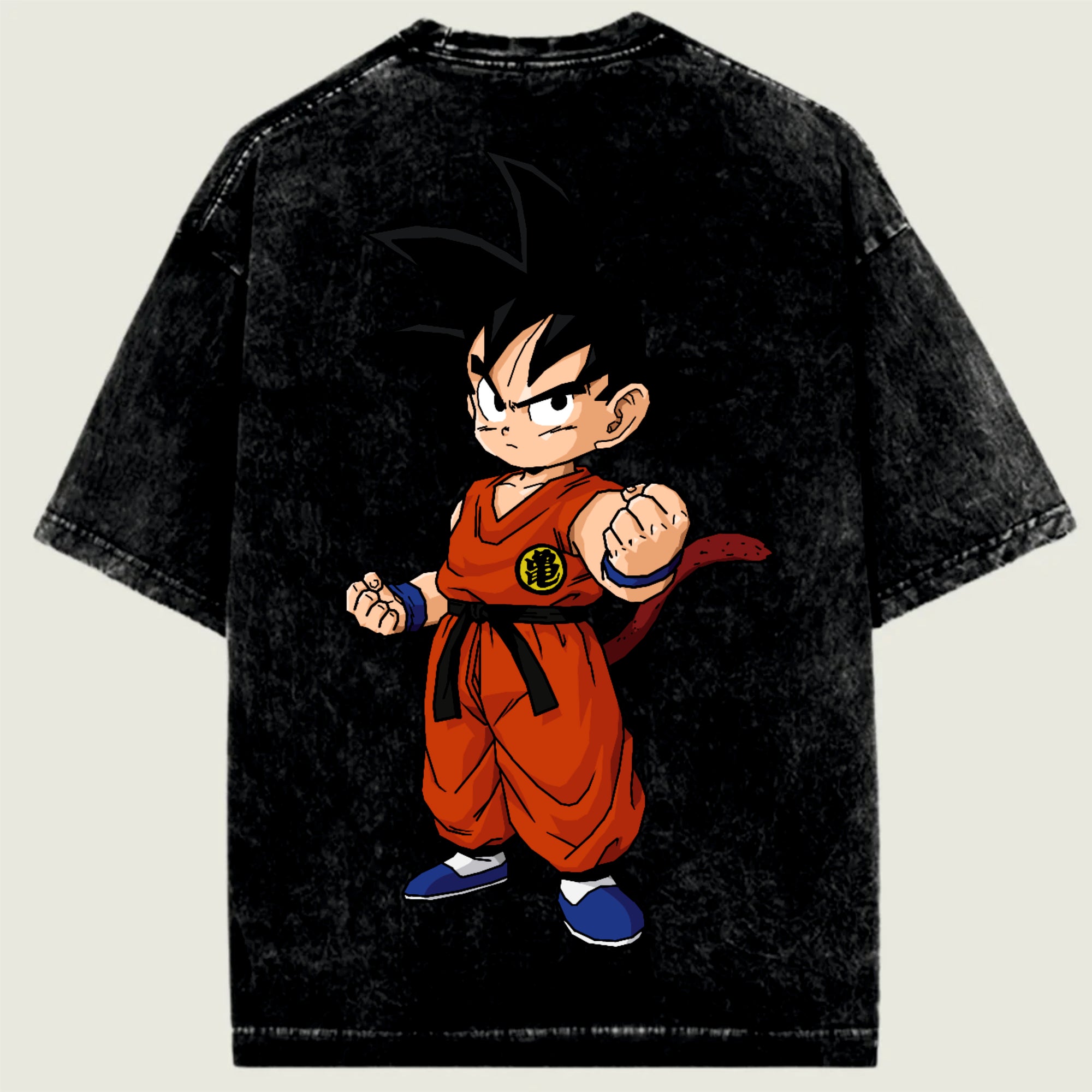 Black t-shirt with a character in red outfit on a beige background