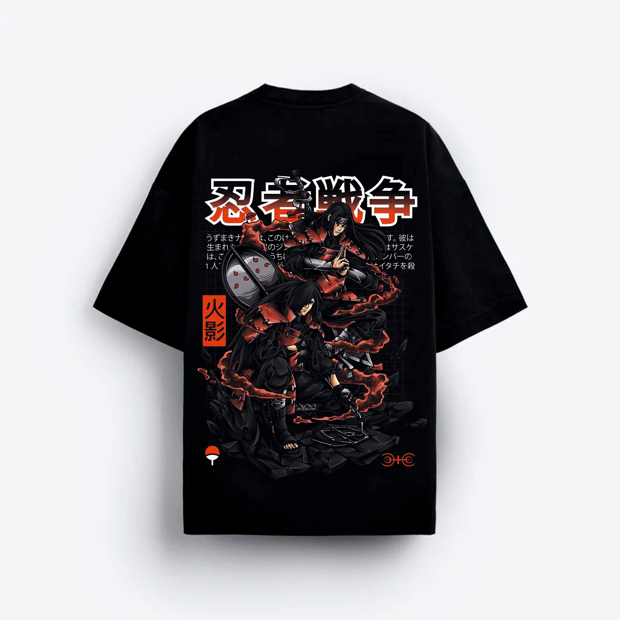 Black t-shirt with graphic design and text