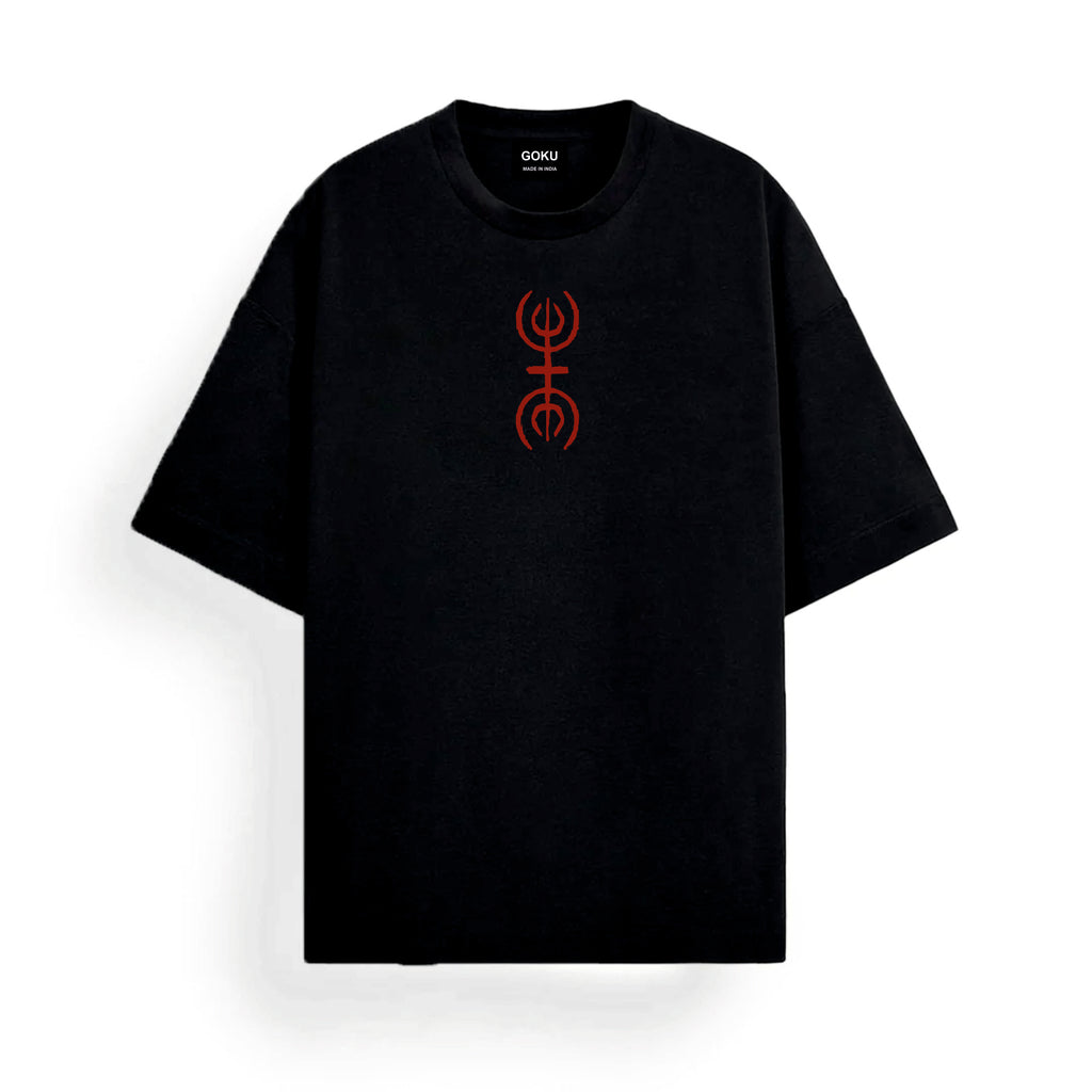 Black t-shirt with a red symbol 