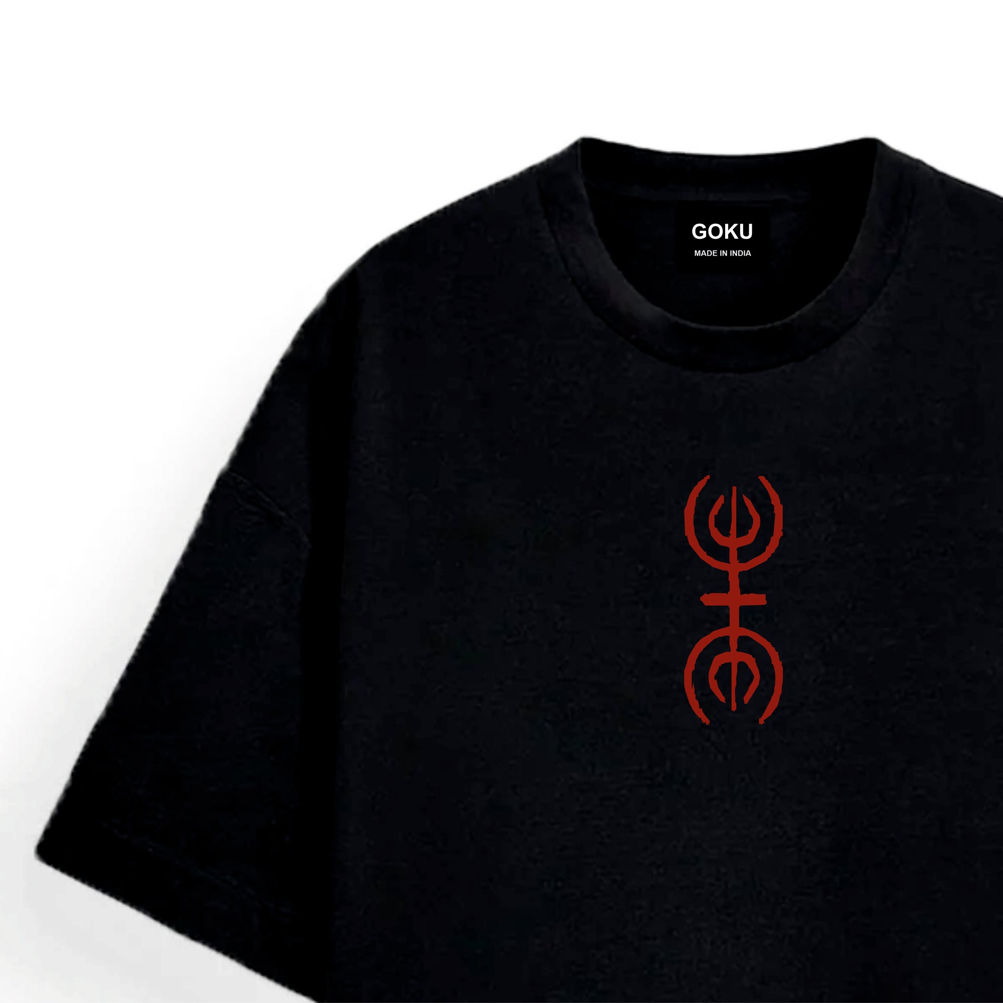 Black t-shirt with a red symbol and 'GOKU' branding