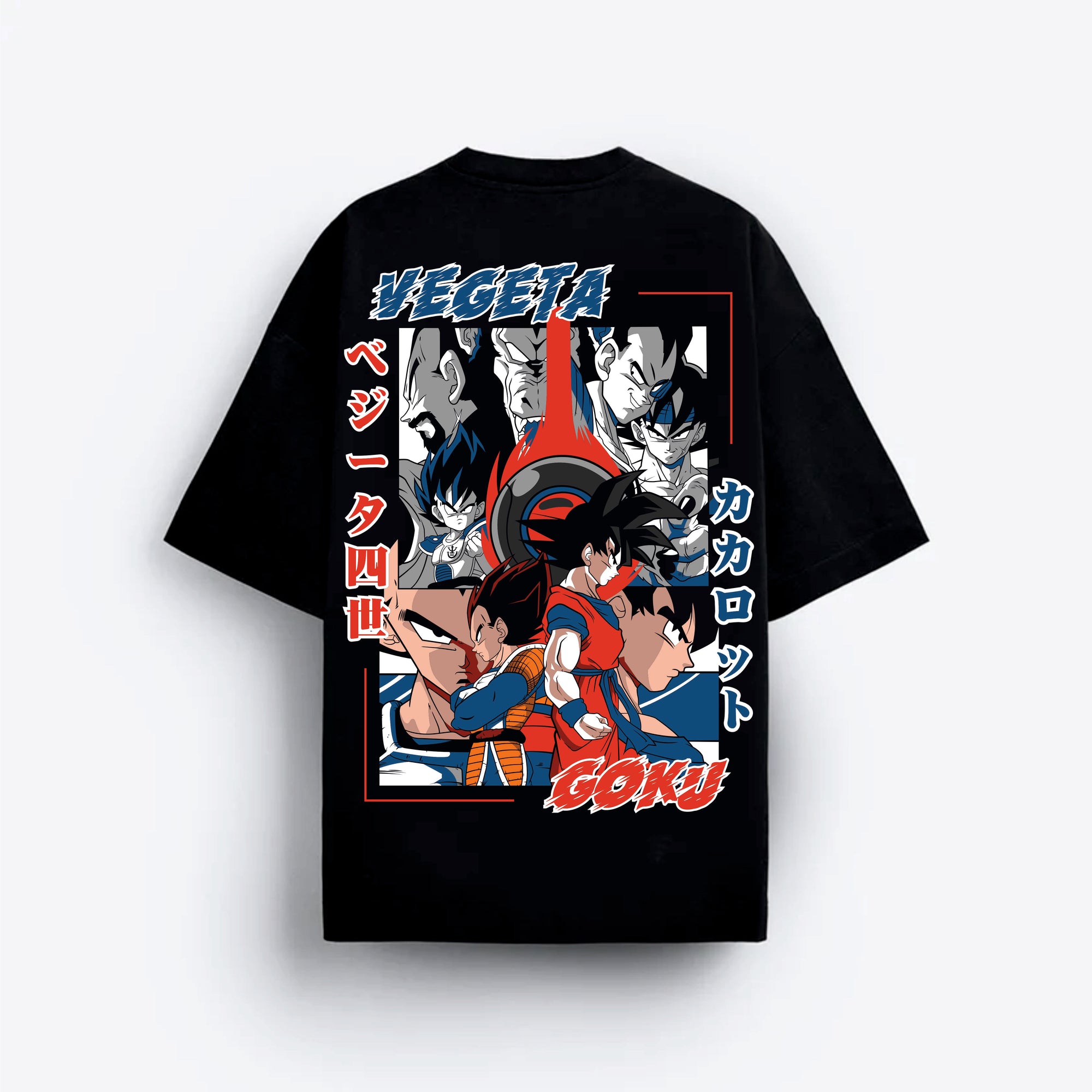 Black t-shirt with colorful graphic Anime design featuring characters of Goku  & Vegeta and text on a white background