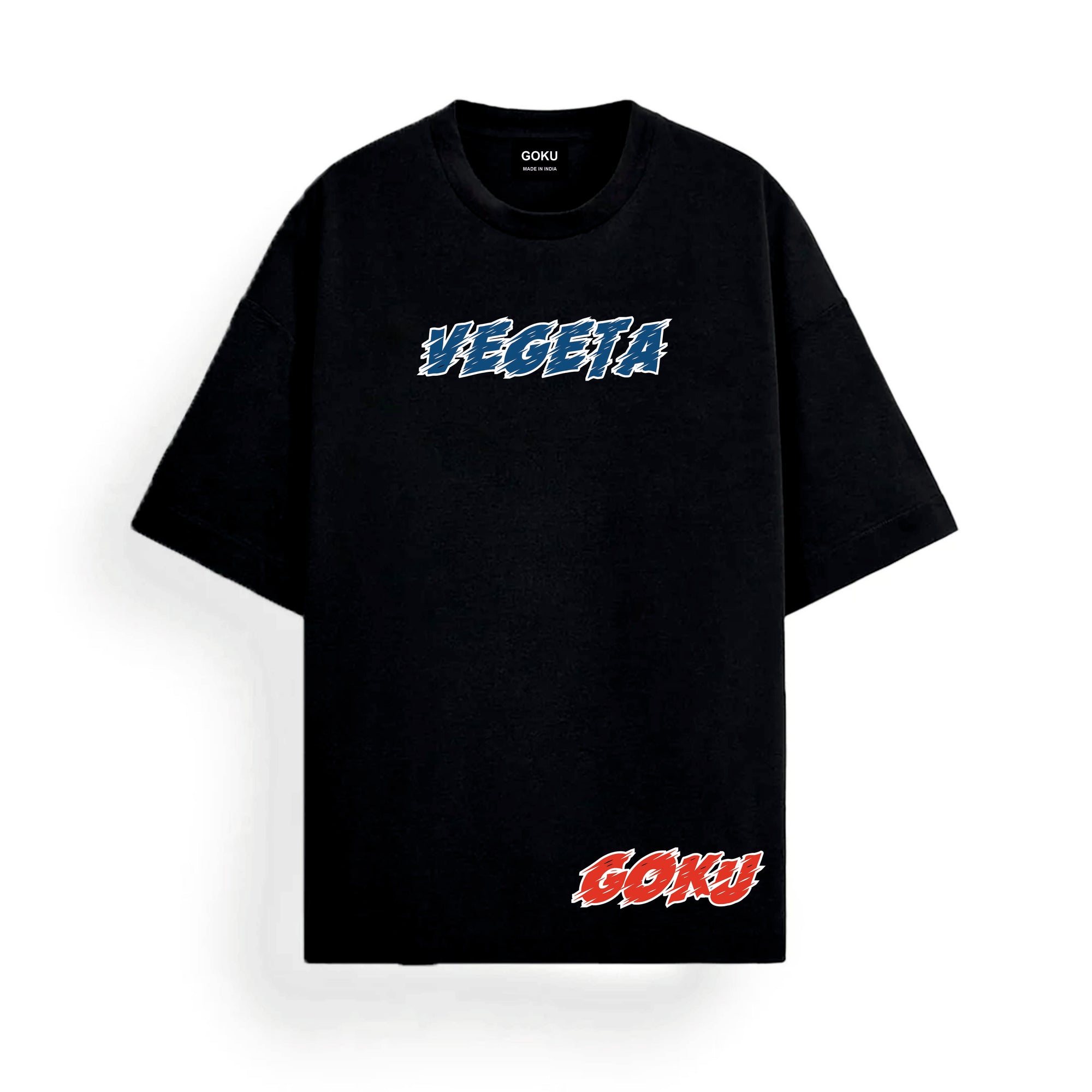 Black t-shirt with 'Vegeta' and 'Goku' text on a white background
