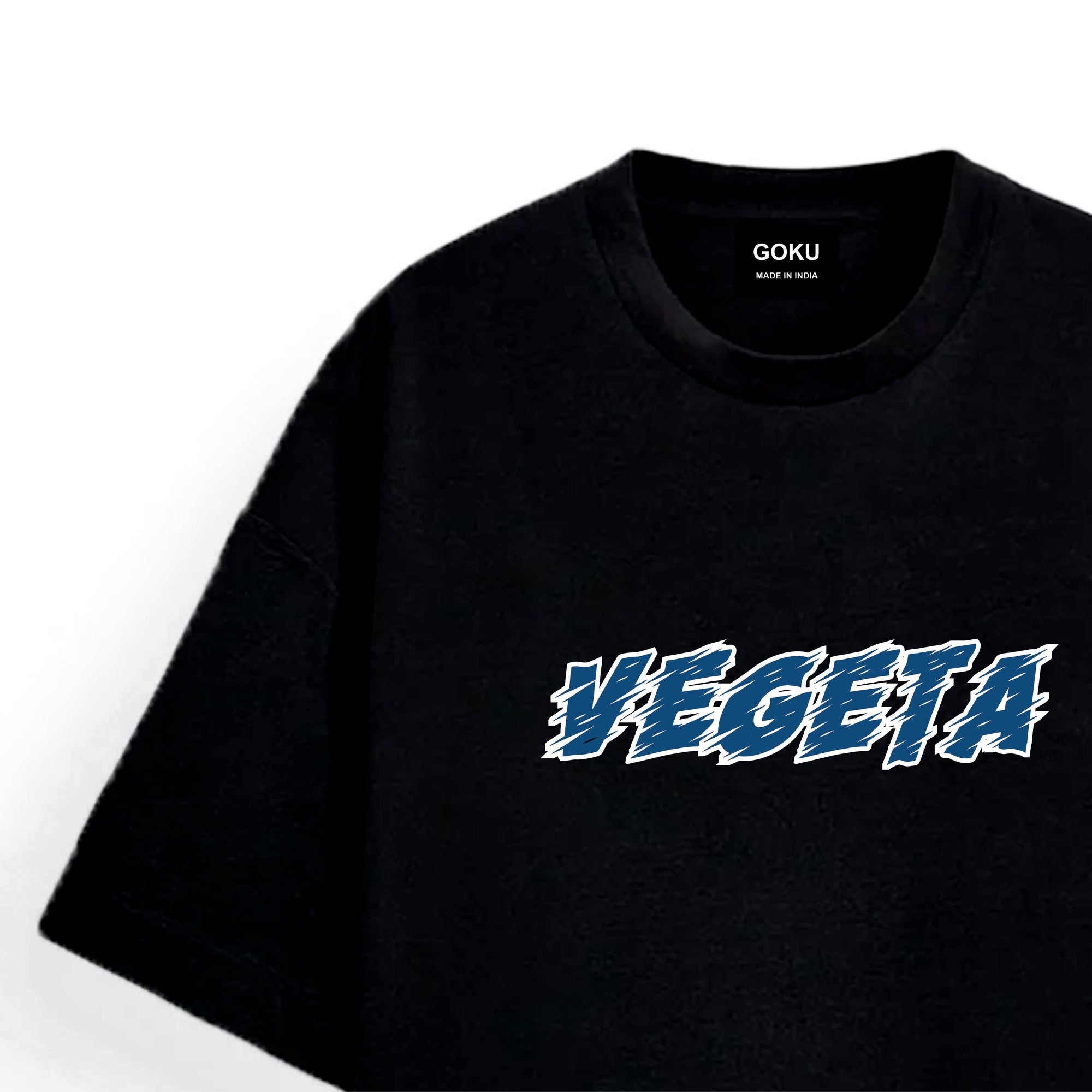 Black t-shirt with 'VEGETA' printed in blue on a white background