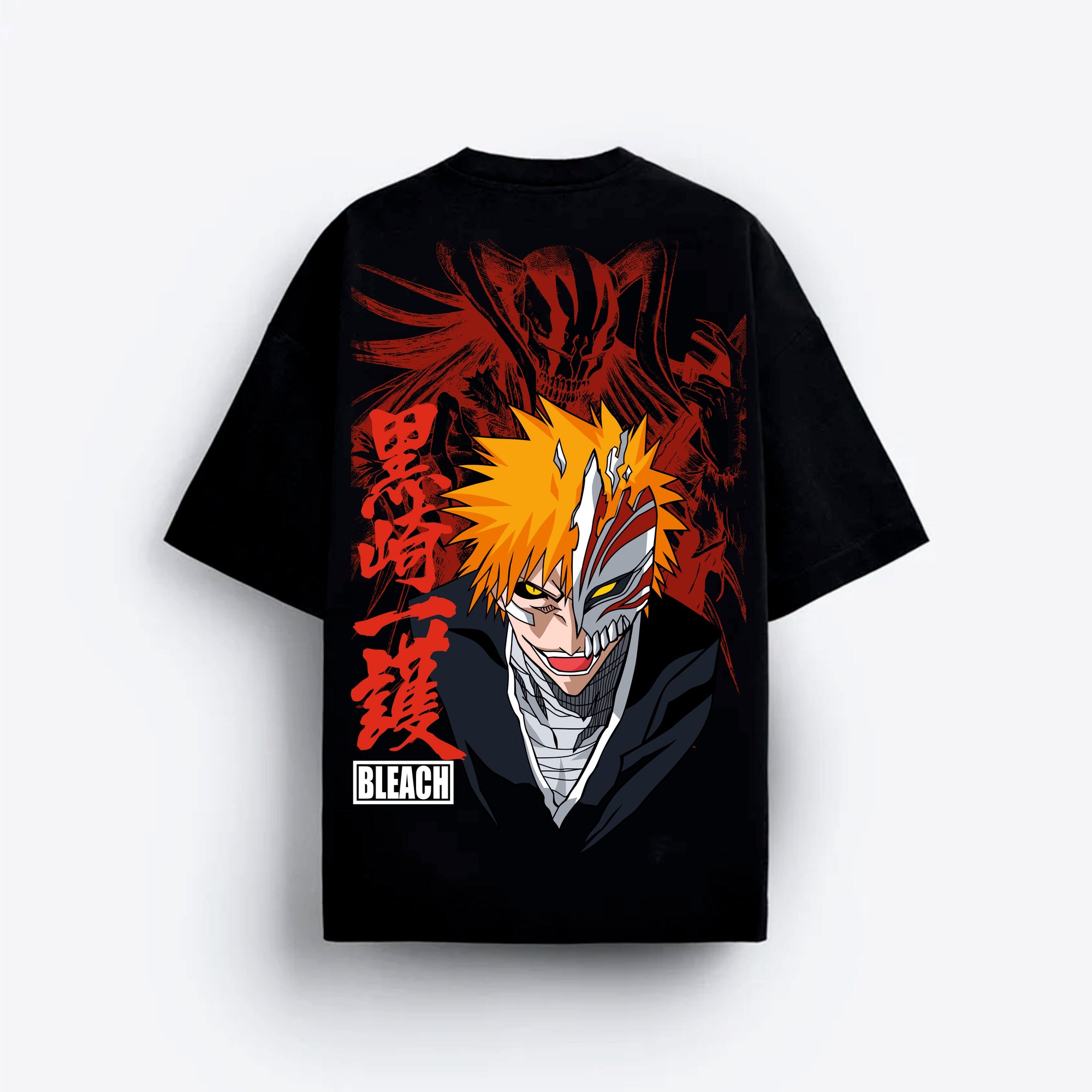 Black t-shirt with anime character and 'BLEACH' branding on a white background