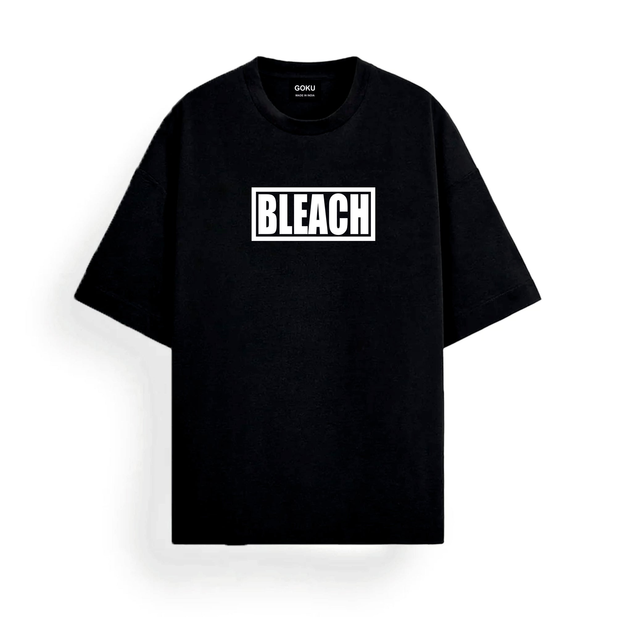 Black t-shirt with 'BLEACH' print on a white background