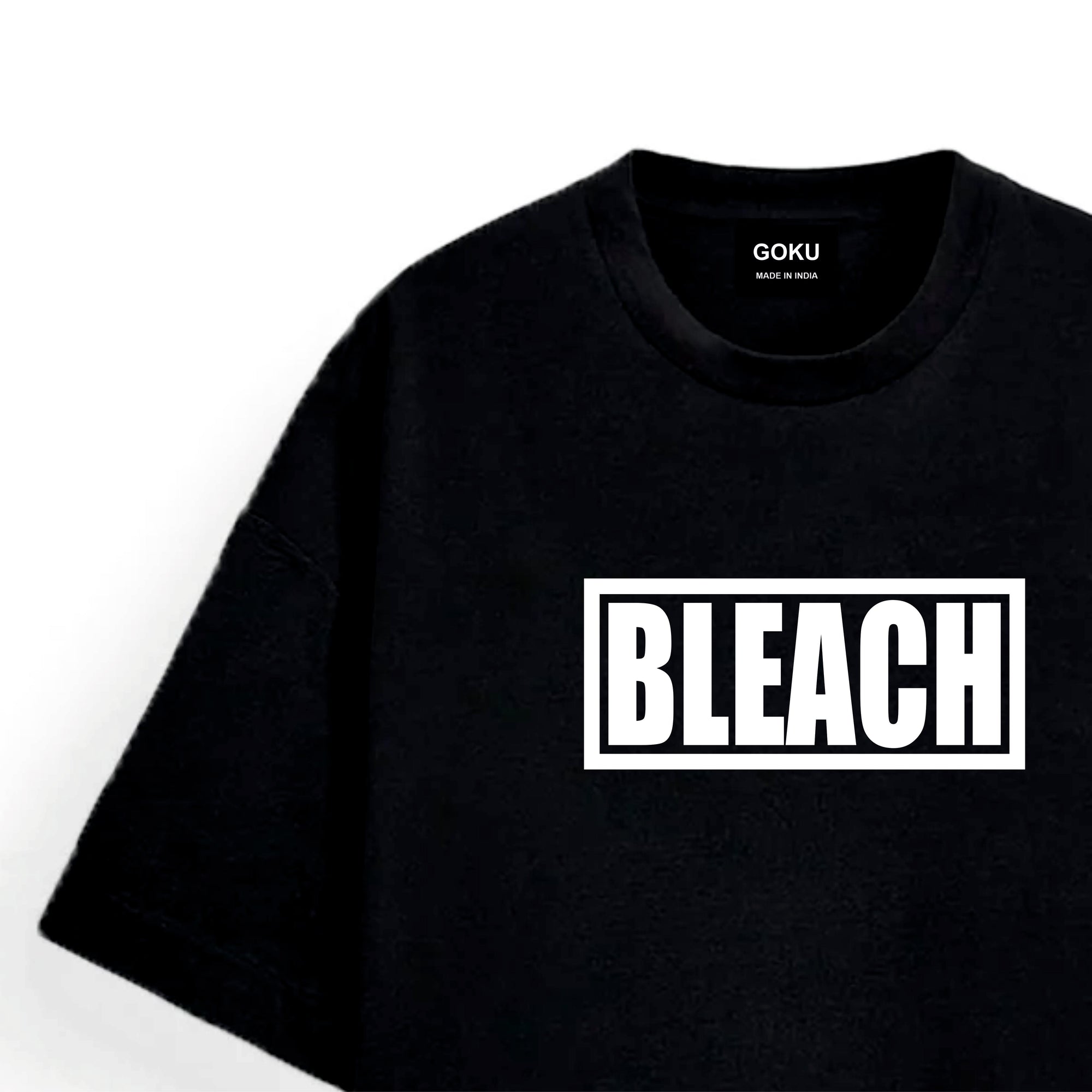 Black t-shirt with 'BLEACH' printed on it against a white background