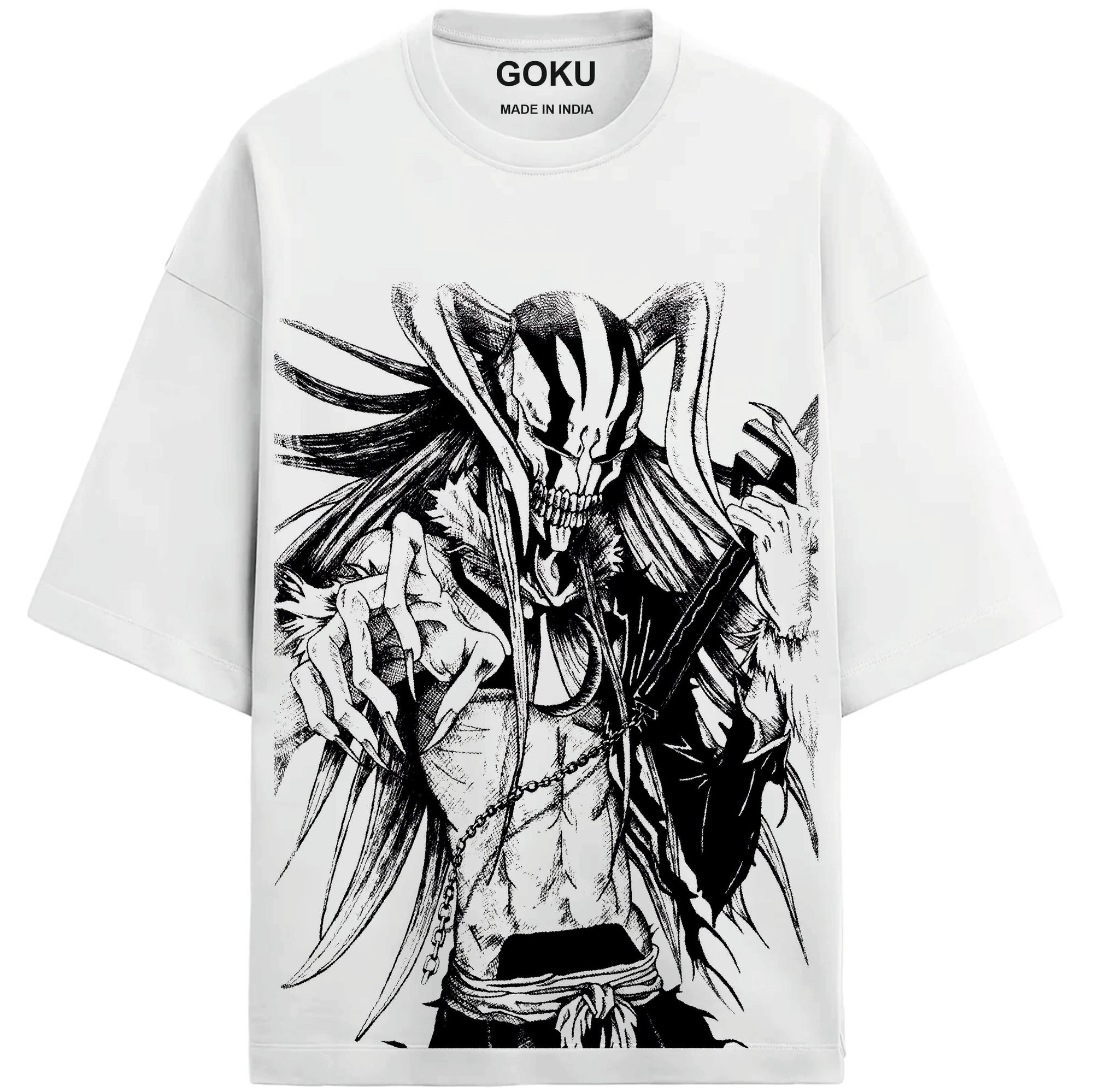 White t-shirt with black and white graphic design of a character, labeled 'Goku', on a white background.