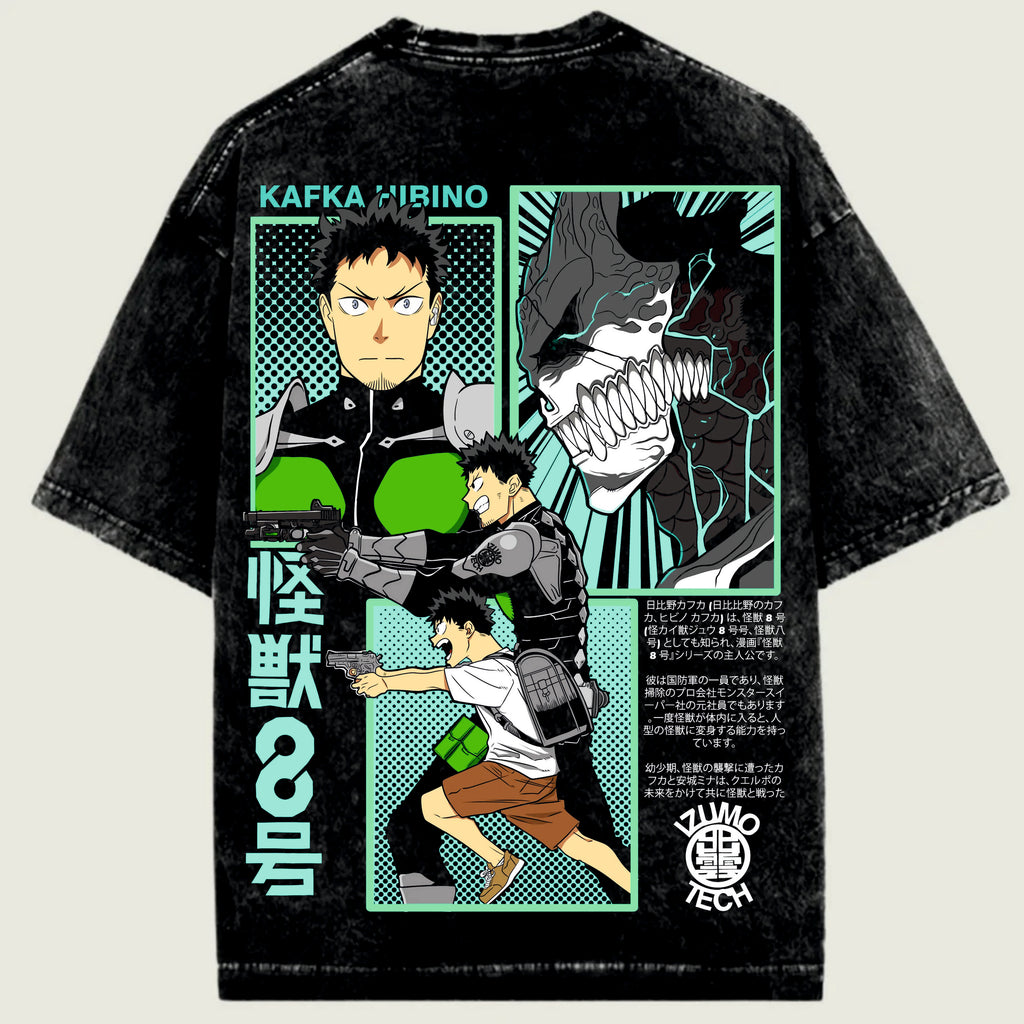 Black t-shirt with graphic design featuring characters and text on a light green background