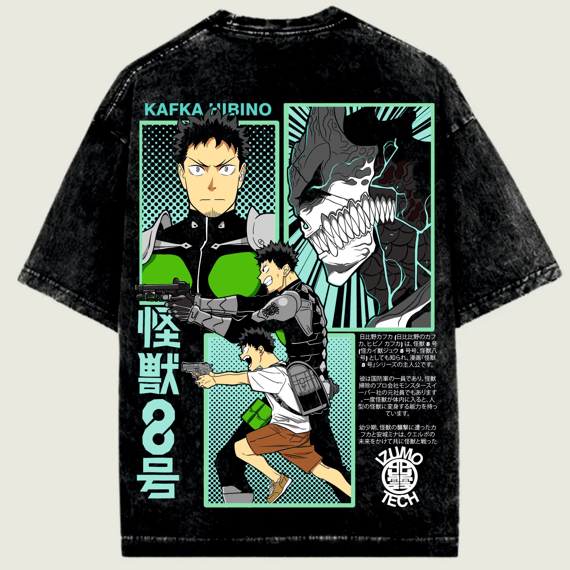 Black t-shirt with graphic design featuring characters and text on a light green background