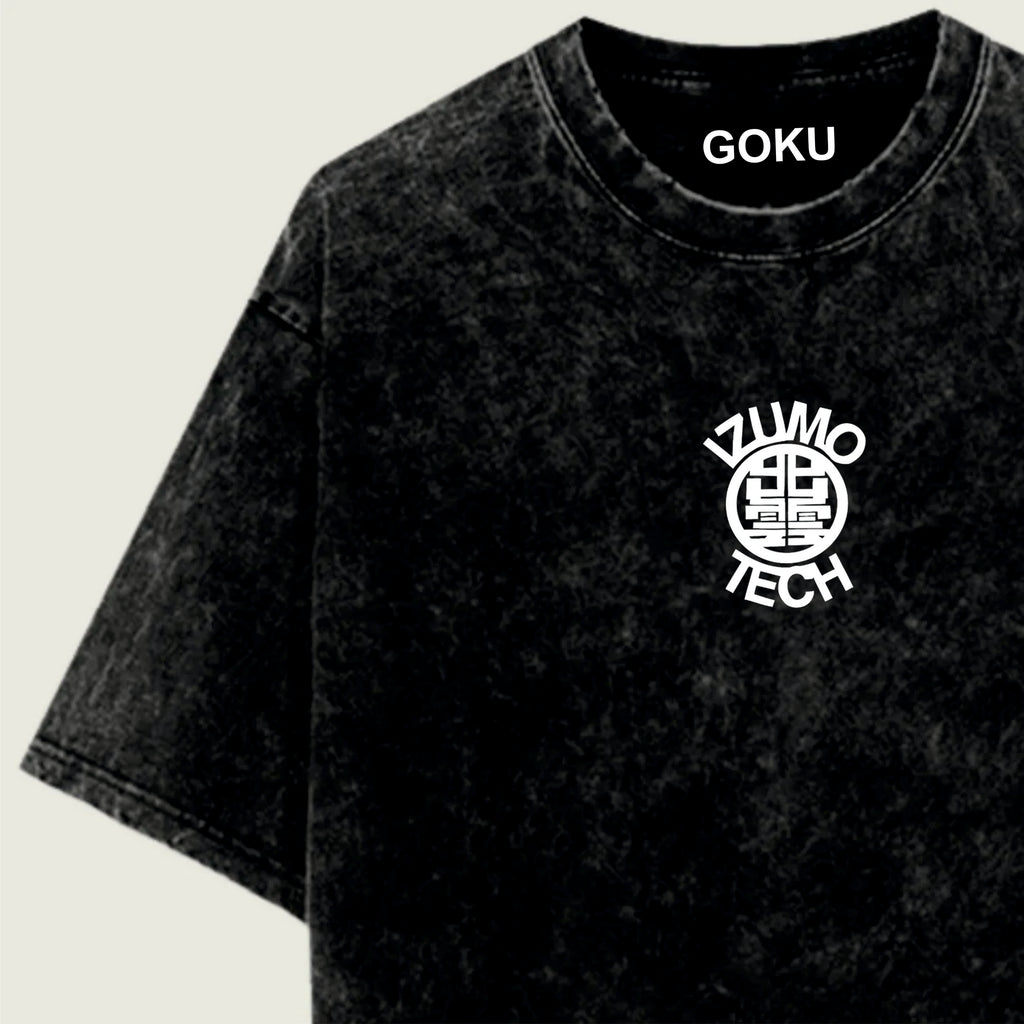 Black t-shirt with 'IZUMO TECH' logo and 'GOKU' text on a light green background