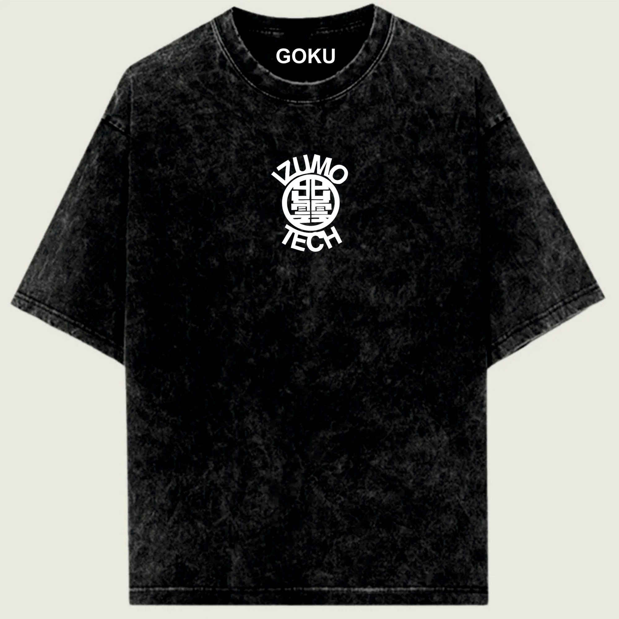 Black t-shirt with 'Goku' and 'Zumo Tech' logos on a light green background