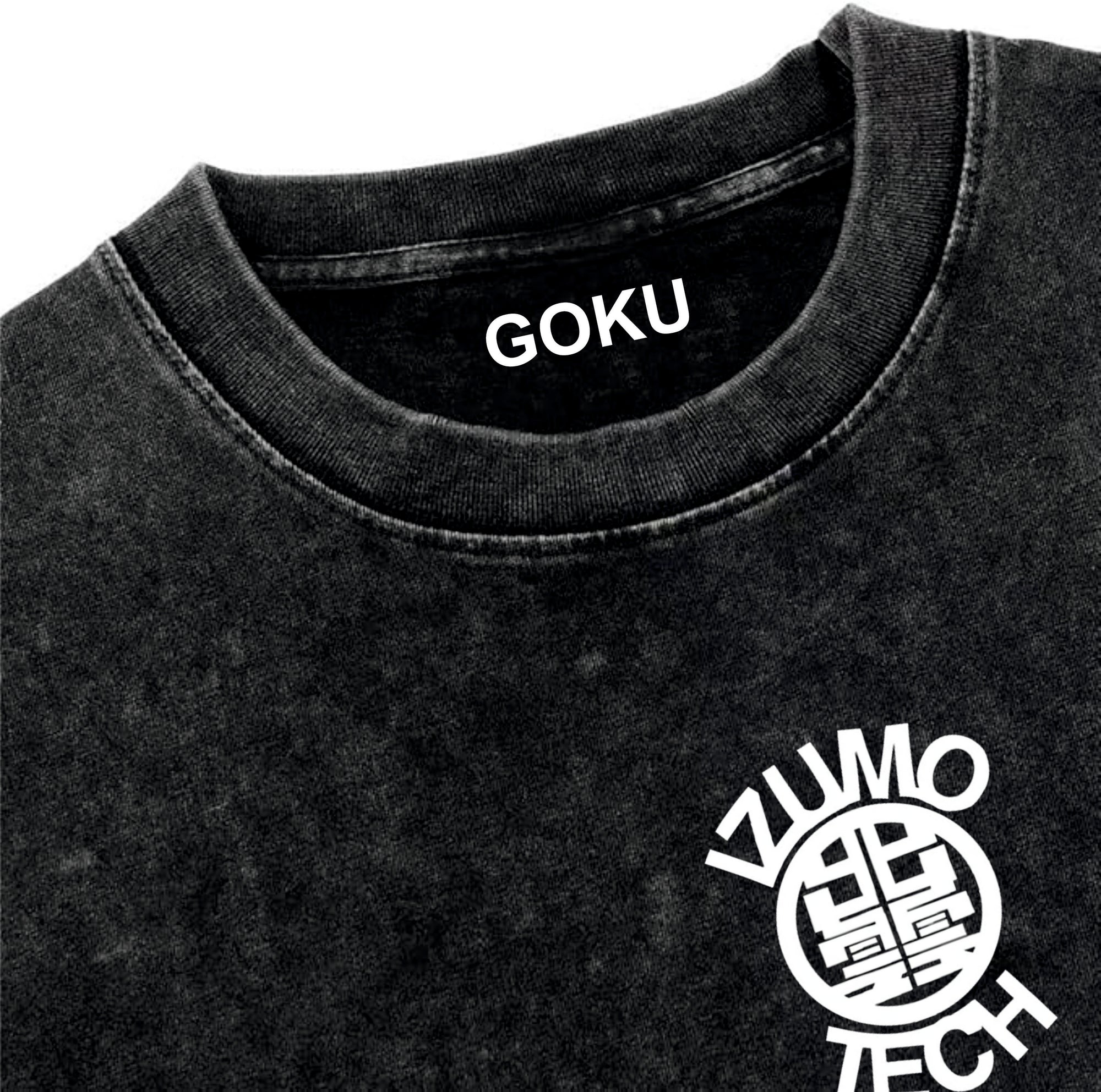 Black t-shirt with 'GOKU' printed on the collar and 'IZUMO' logo on the sleeve.