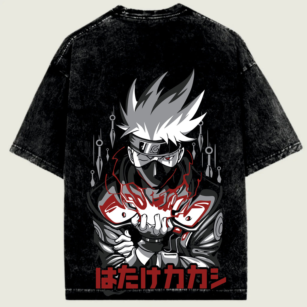 Black t-shirt with anime character kakashi design on a light green background
