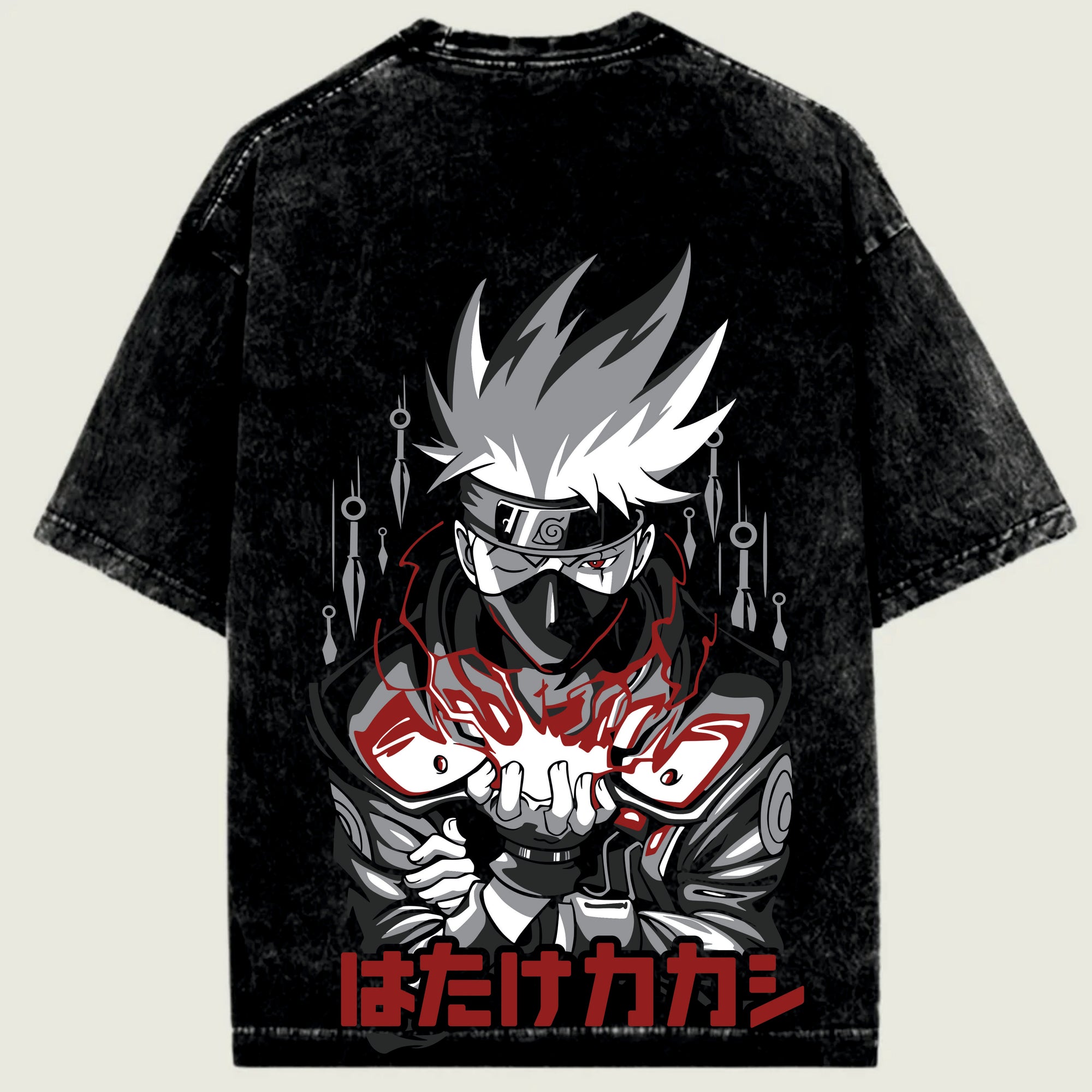 Black t-shirt with anime character kakashi design on a light green background