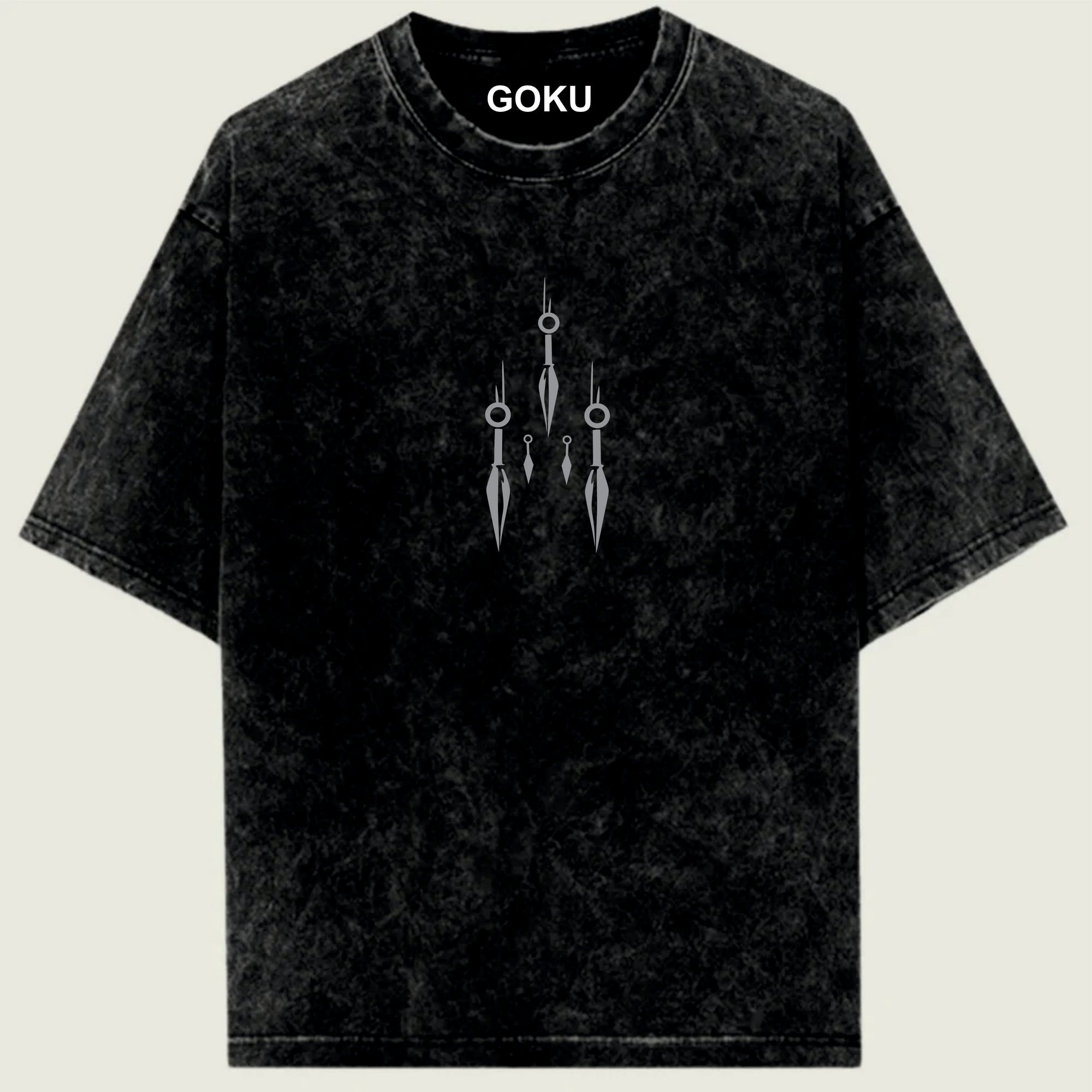 Black t-shirt with 'GOKU' branding and symbol on a light green background