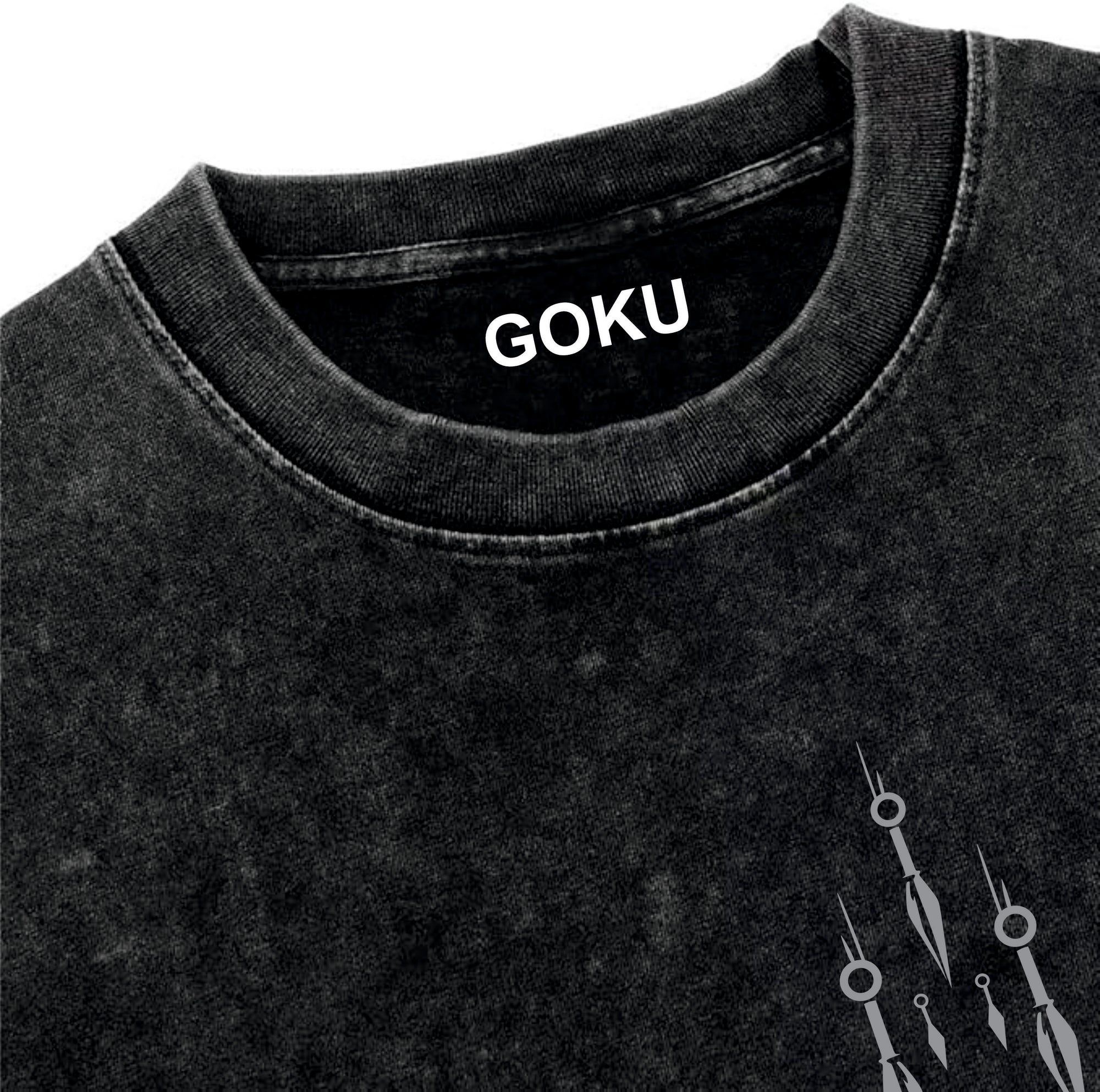 Black t-shirt with 'GOKU' printed on the collar against a white background