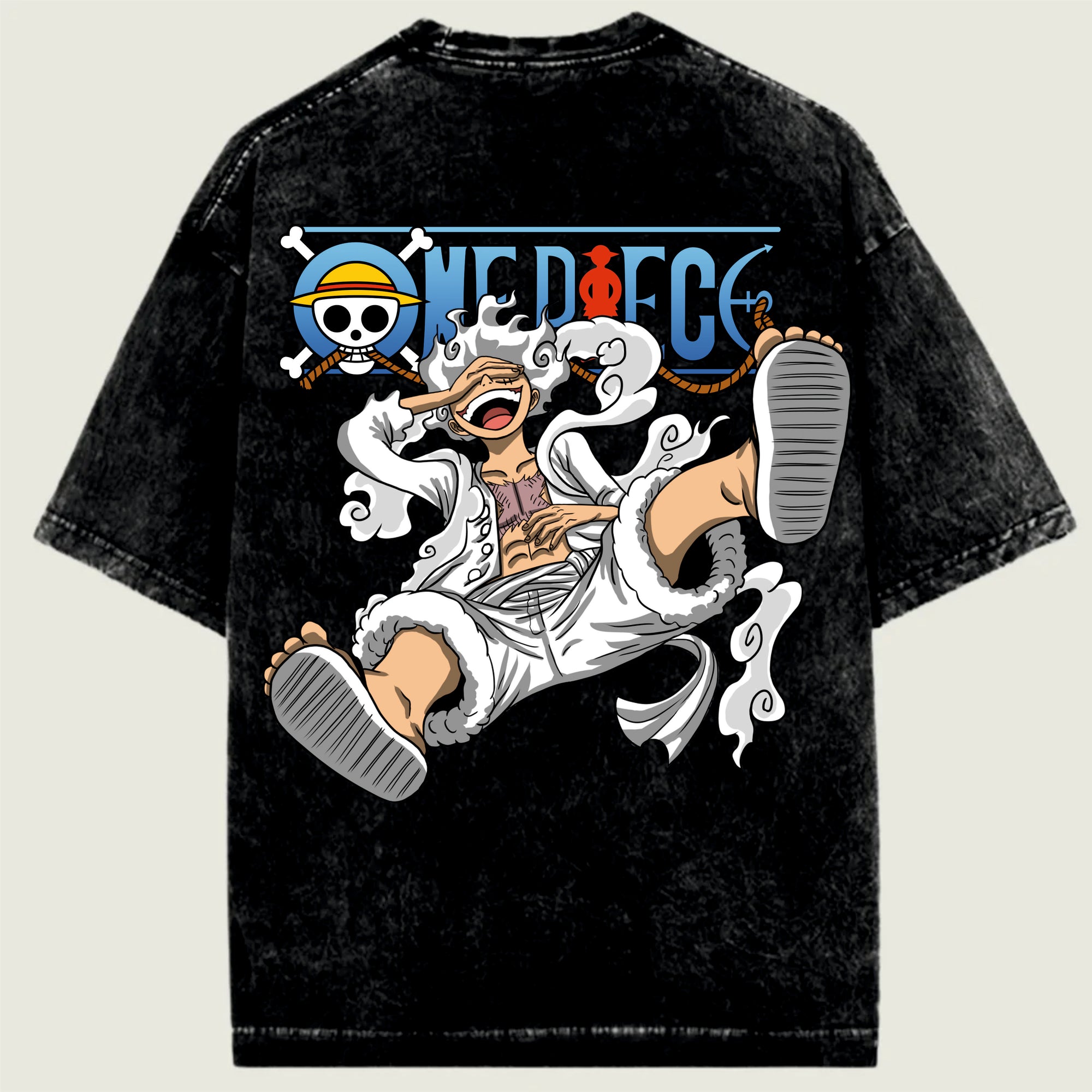 Black t-shirt with a graphic of a character from 'One Piece' on the back.