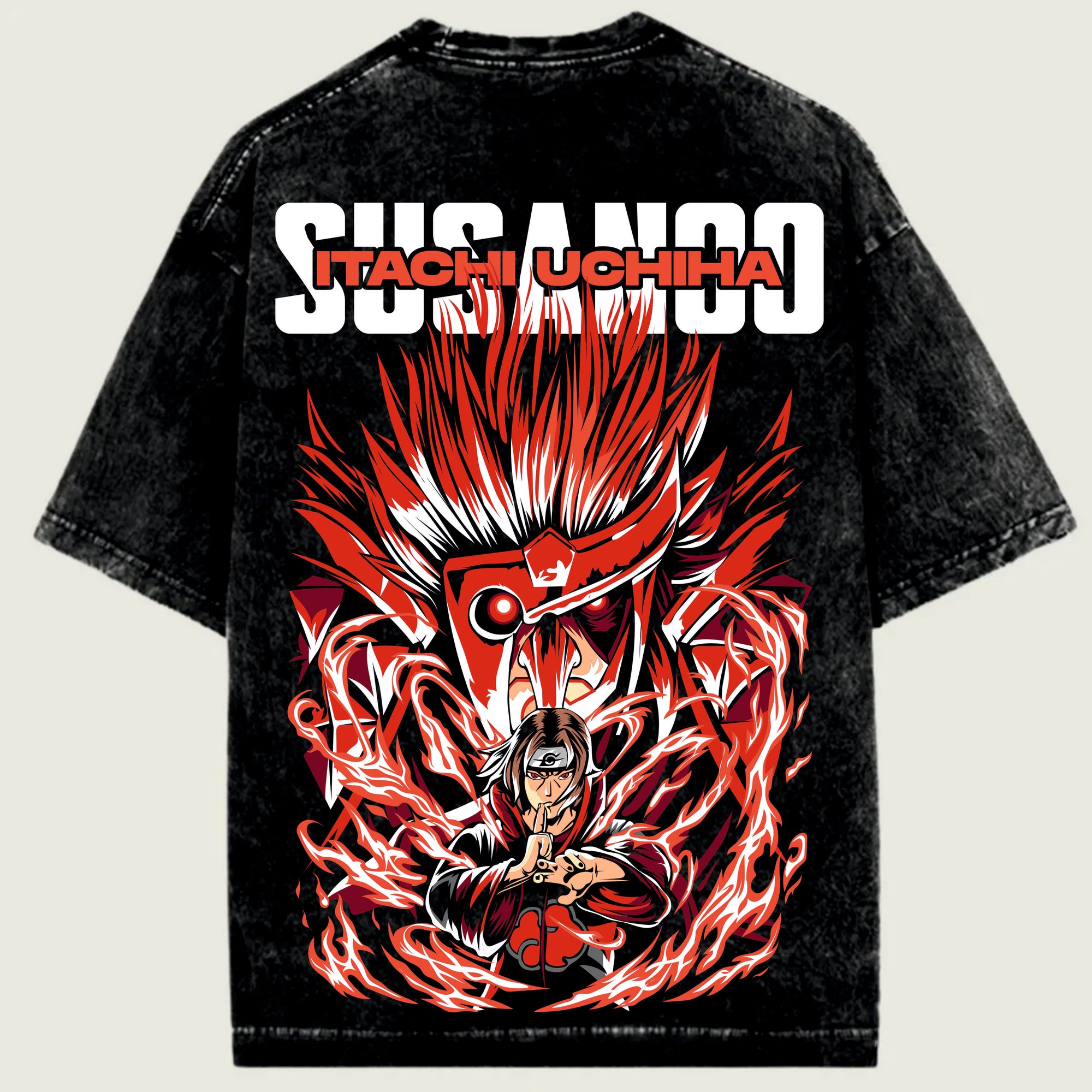 Black t-shirt with red and white graphic design on a light green background