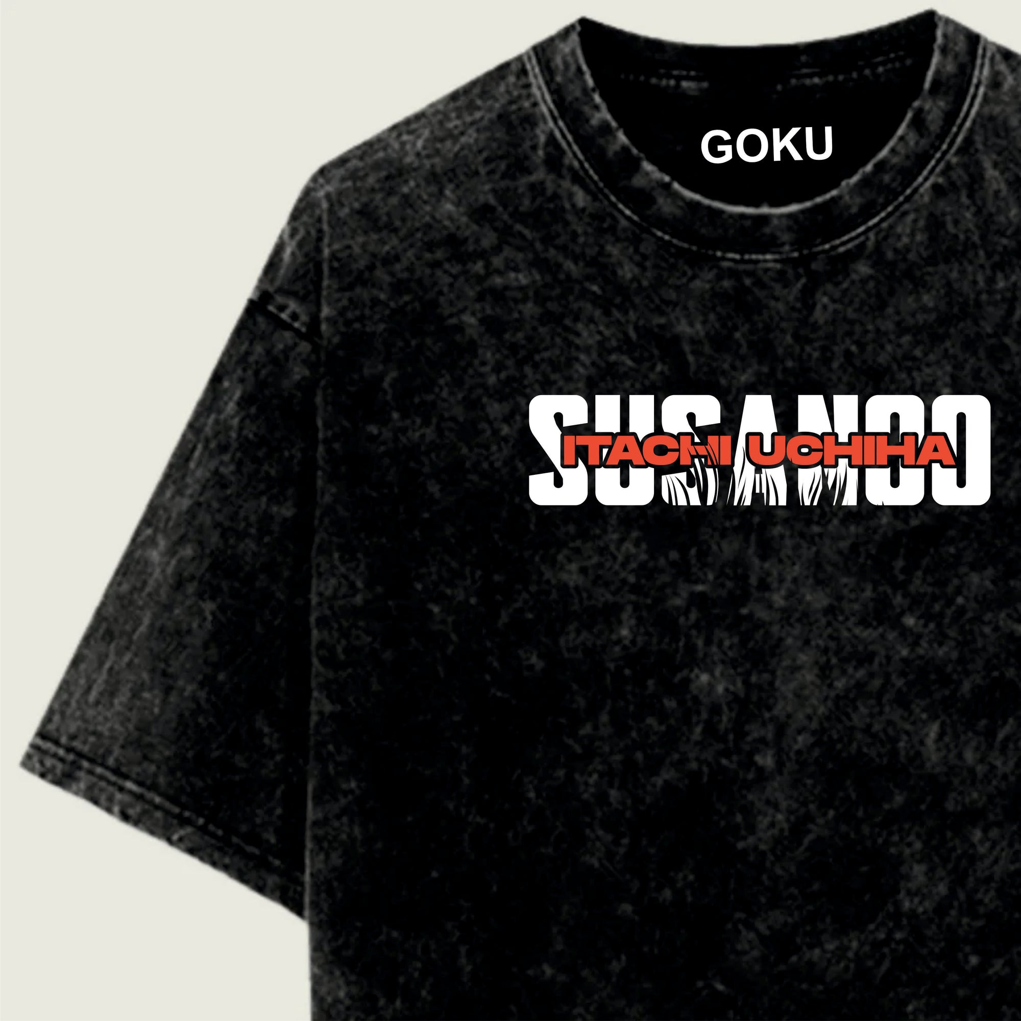 Black t-shirt with 'Goku' and 'Sasuke' text on a light green background