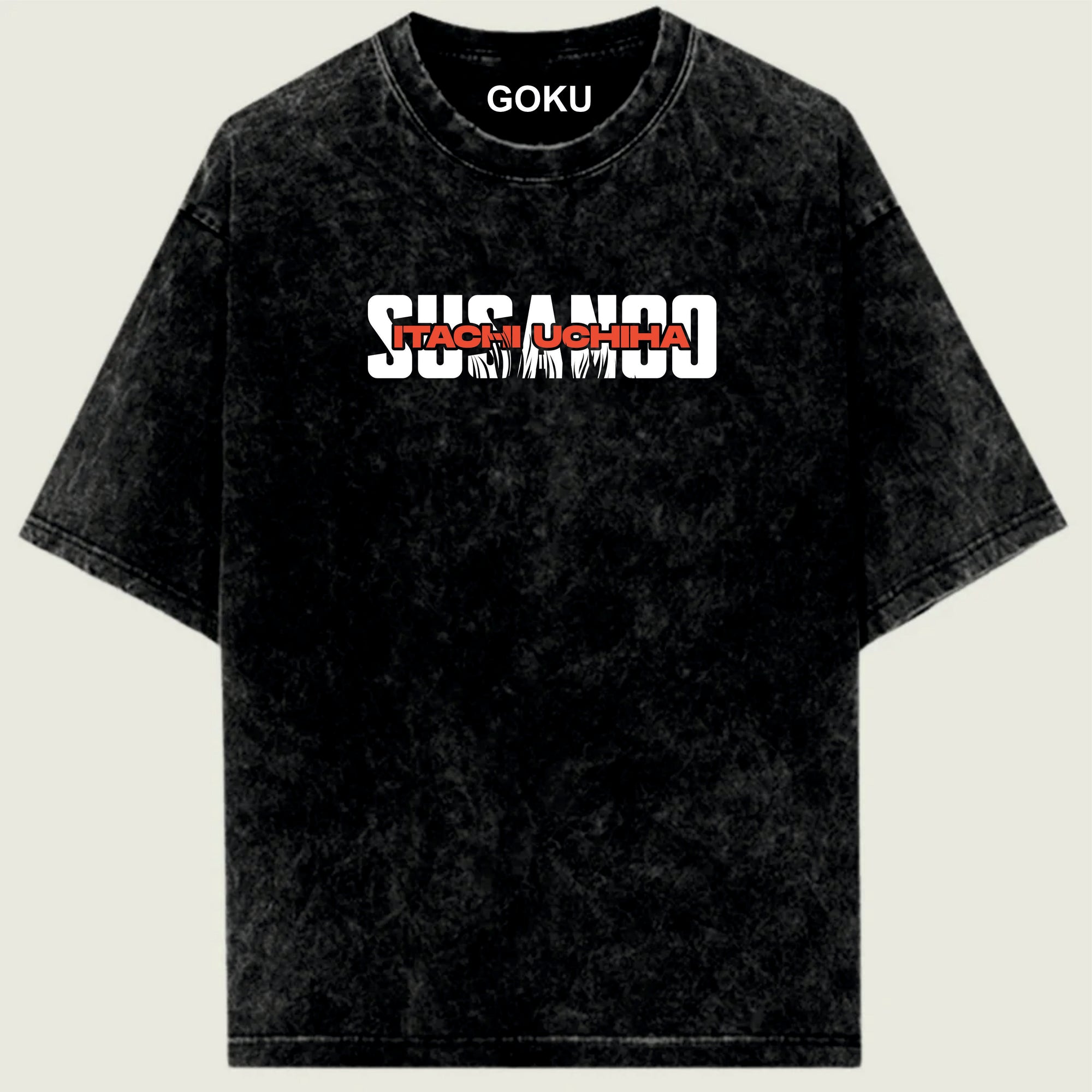 Black t-shirt with 'SUSANCO' and 'GOKU' text on a light green background