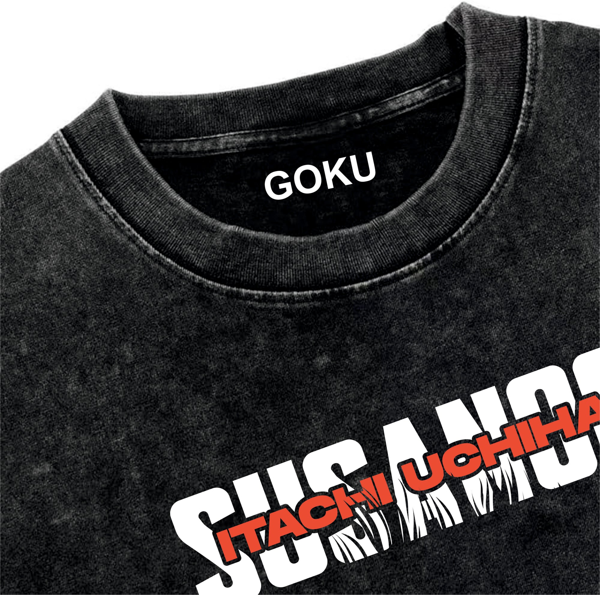 Black t-shirt with 'GOKU' and 'SUSANOSU UCHIHA' text on a white background