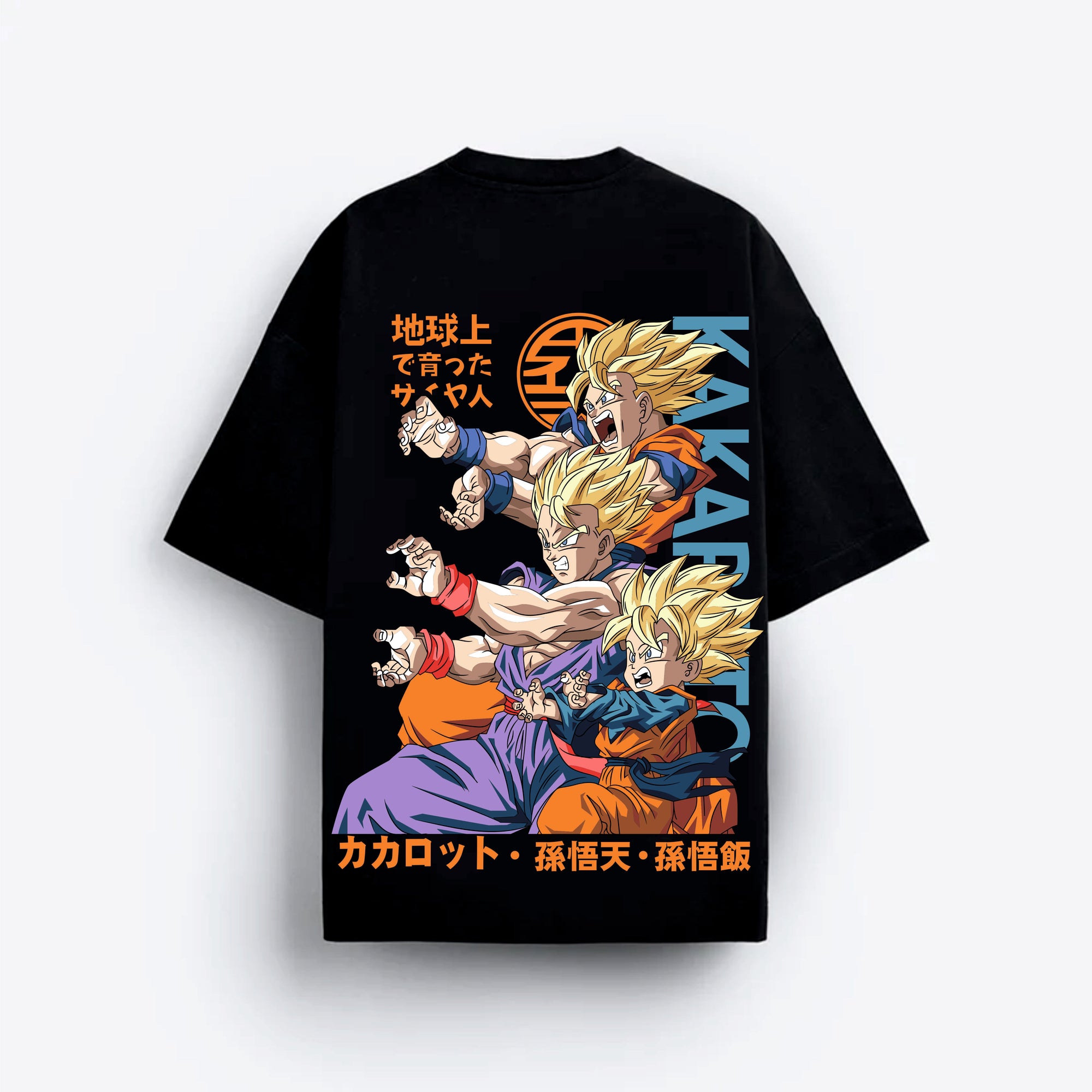 Black t-shirt with colorful graphic Goku design on a white background