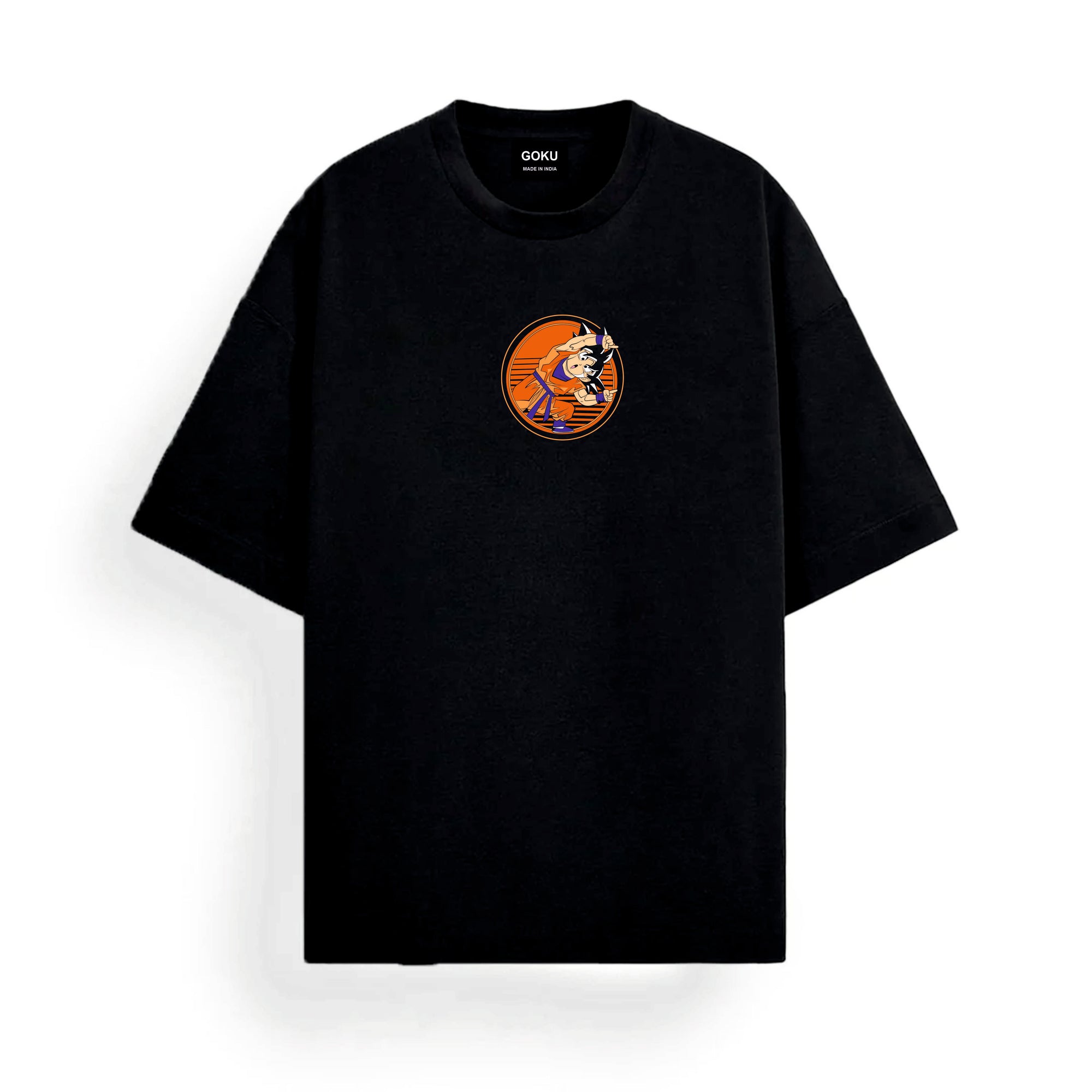 Black t-shirt with a small graphic Goku on the chest against a white background
