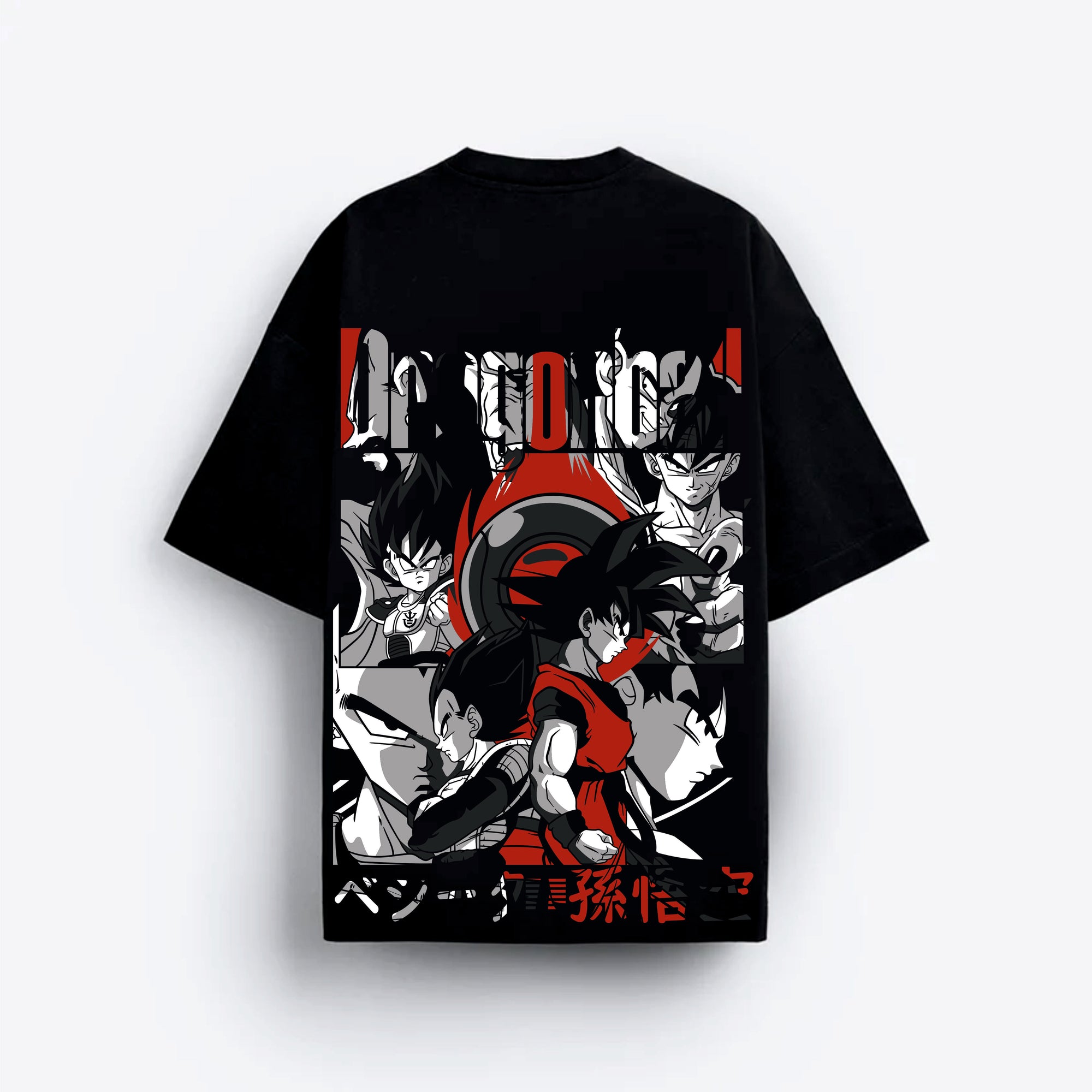 Black t-shirt with graphic design featuring animated characters Dragonball on a white background