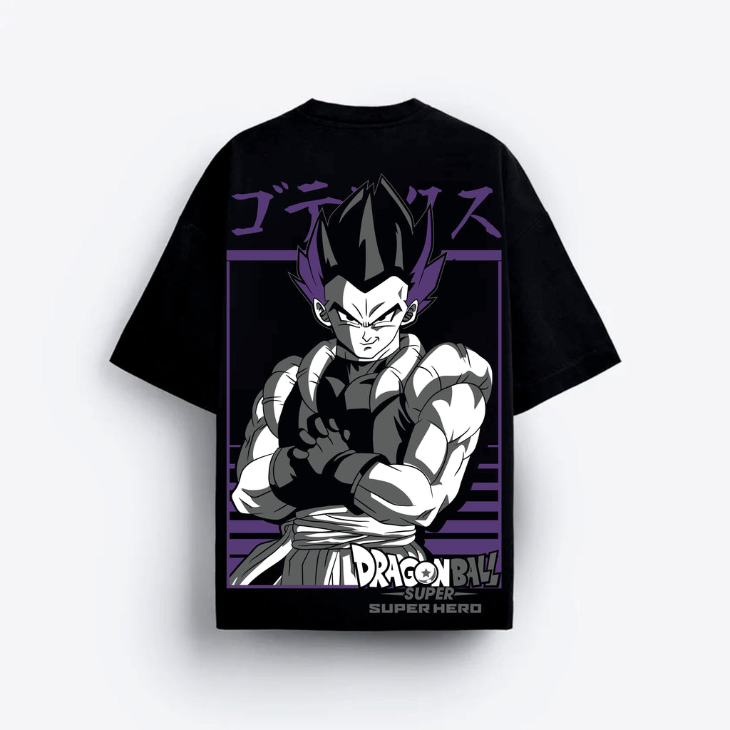 Black t-shirt with Dragon Ball Super character design on a white background