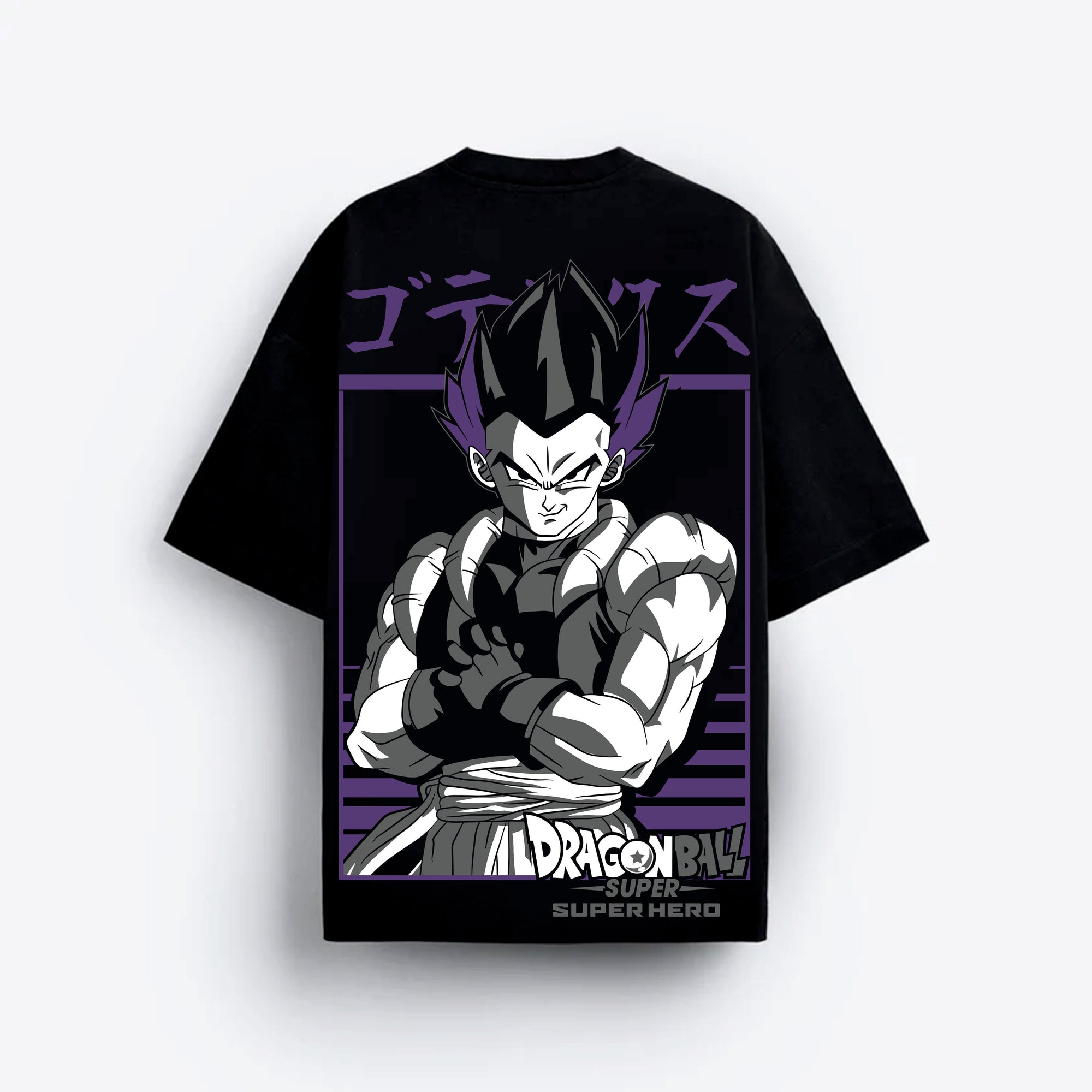 Black t-shirt with Dragon Ball Super character design on a white background