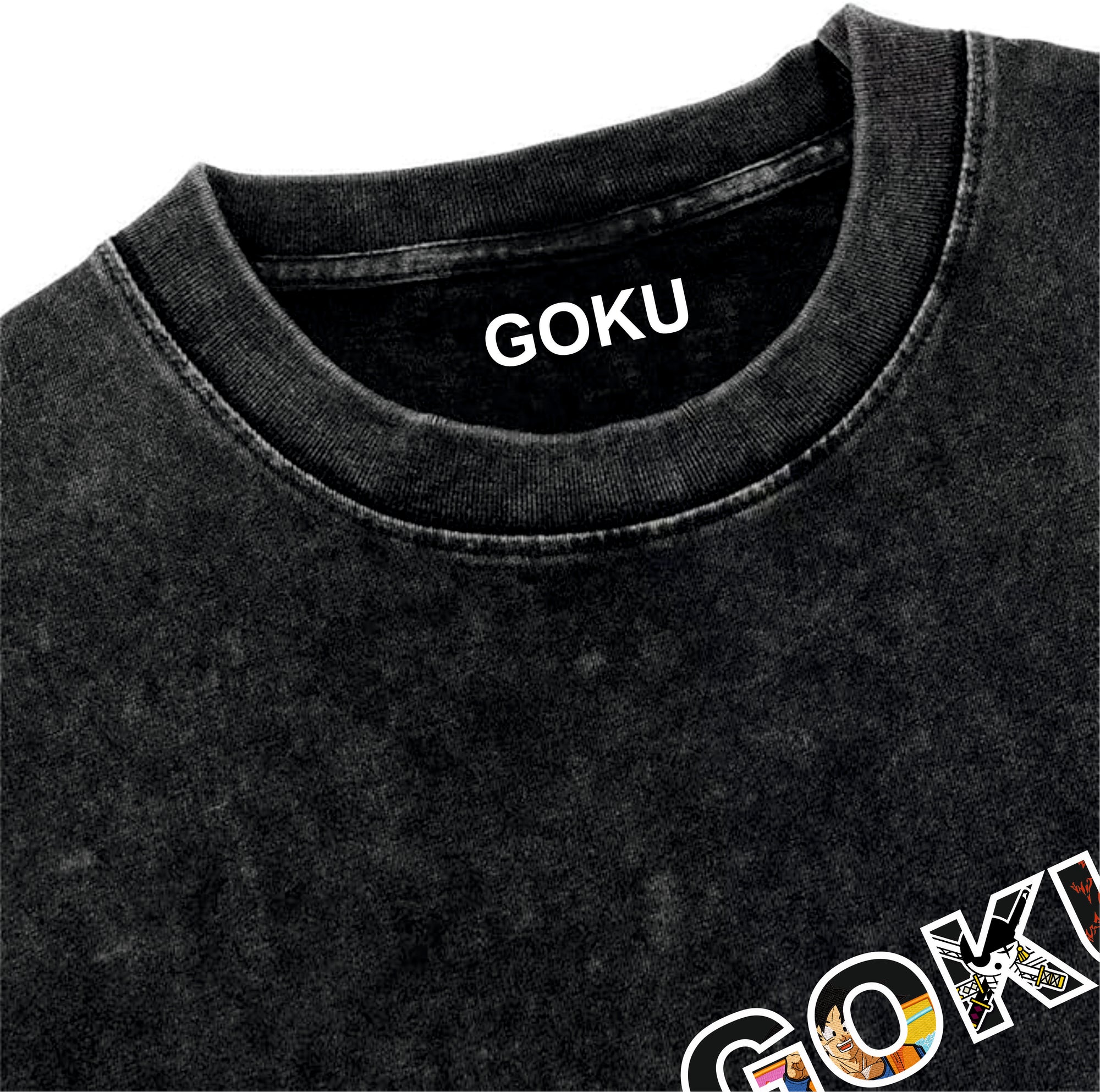 Black t-shirt with 'GOKU' printed on a white background